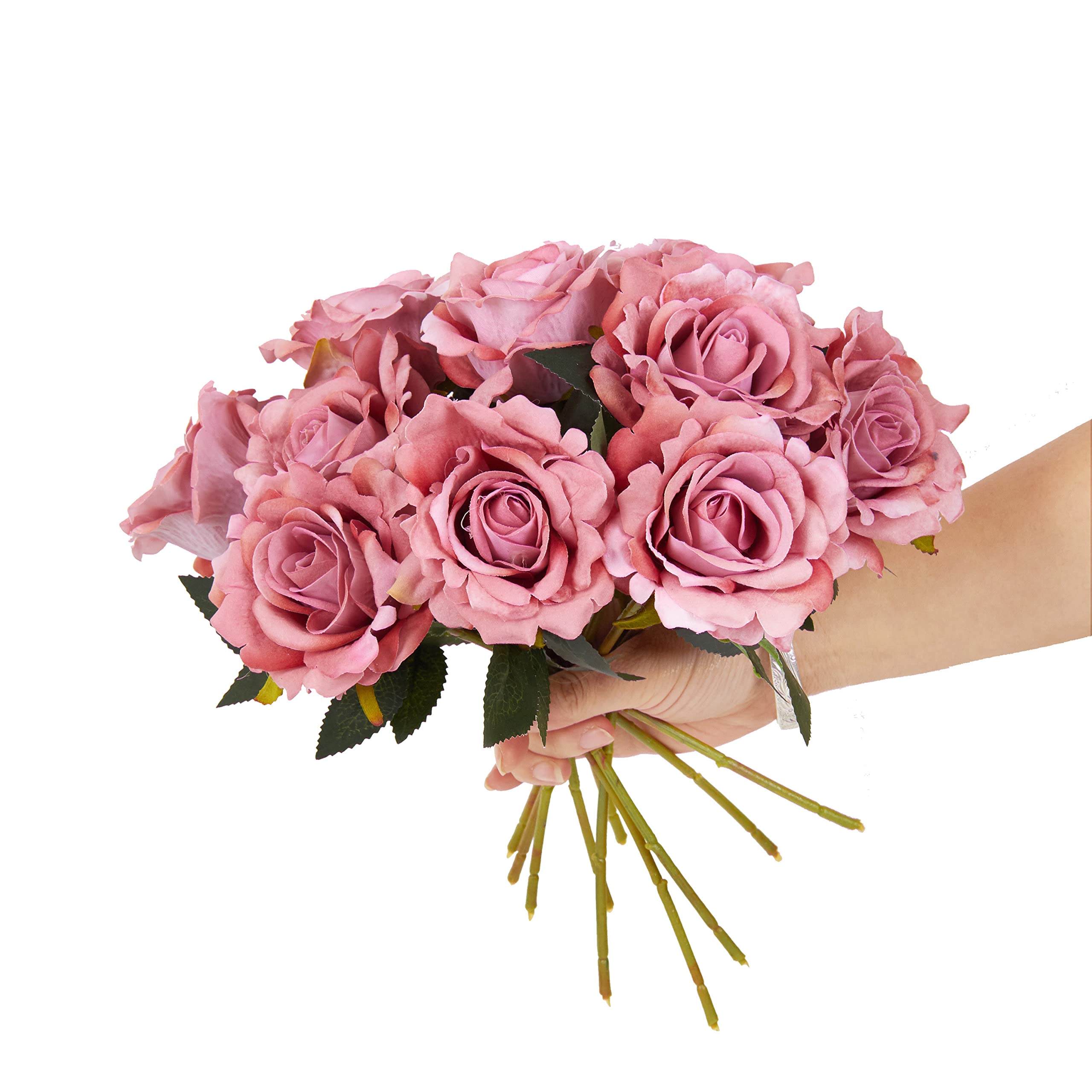12pcs Velvet Rose Artificial Flowers - 12 Inch Realistic Fake Roses with Stems & Leaves, Dusty Pink Floral Decor for Home, Wedding, Party Centerpieces, DIY Bouquets, Table Arrangements & Gift Wrapping