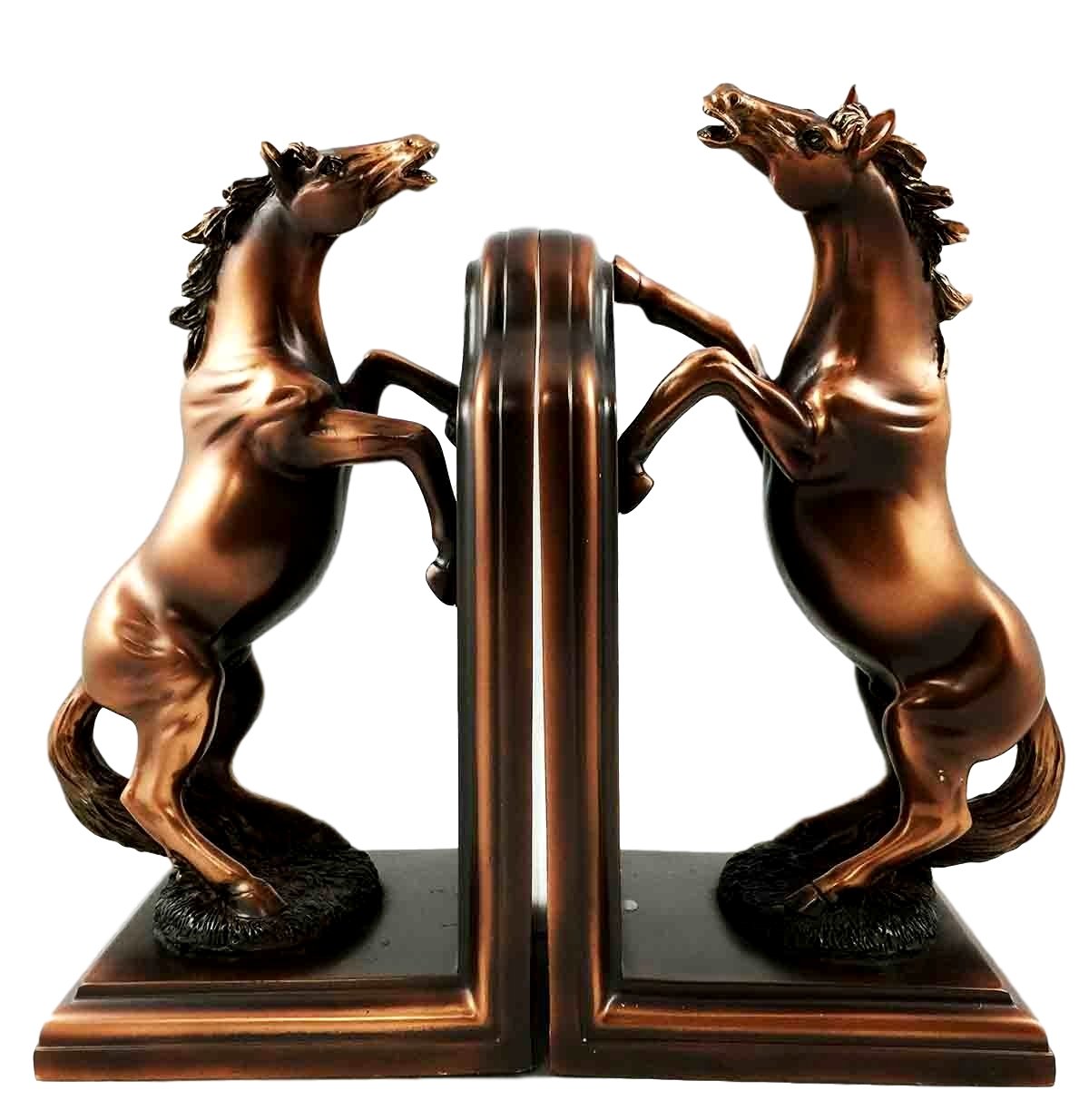 Bronze Electroplated Horse Bookends - Two Powerful Fine Horses Standing on Hind Legs, Office & Home Decor for Bookshelves, Desks, and Gift Giving