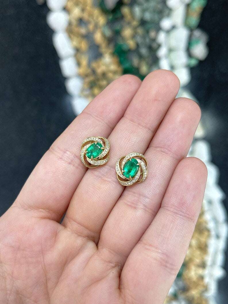 2.31tcw 14K Gold Oval Cut Emerald & Diamond Halo Earrings - Medium Dark Green Gemstone Jewelry for Women, Perfect for Weddings, Parties & Special Occasions