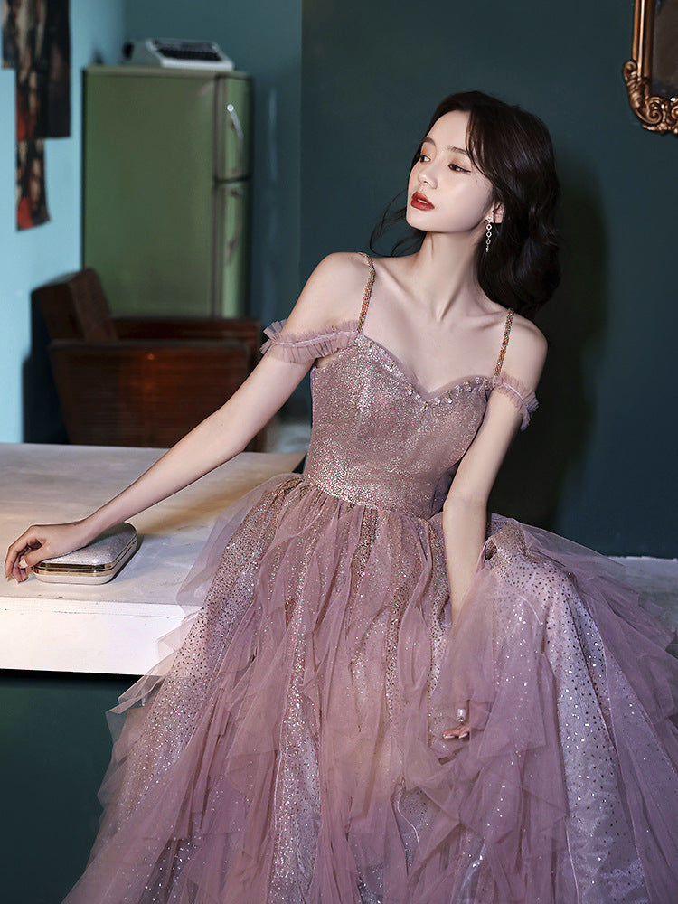 Elegant Pink Fairy Long Evening Dress with Spaghetti Straps - Formal Gown for Women Size 170 - Perfect for Prom, Wedding Guest & Special Occasions