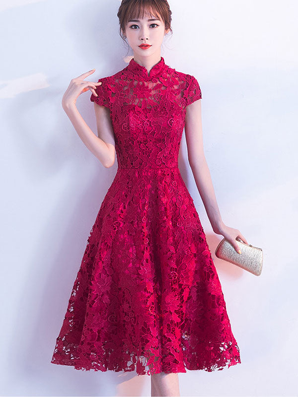 Elegant Red Lace Fit & Flare Cheongsam Qi Pao Prom Dress - Vintage Chinese Style Evening Gown for Homecoming, Wedding, or Special Occasions