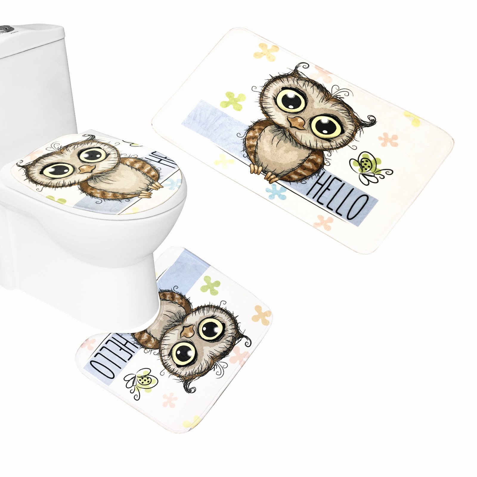 3-Piece Funny Cartoon Owl & Butterfly Bathroom Mat Set with Floral Design & Hello Message - Non-Slip Bath Mat, Contour Mat & Toilet Cover for Cozy Home Decor