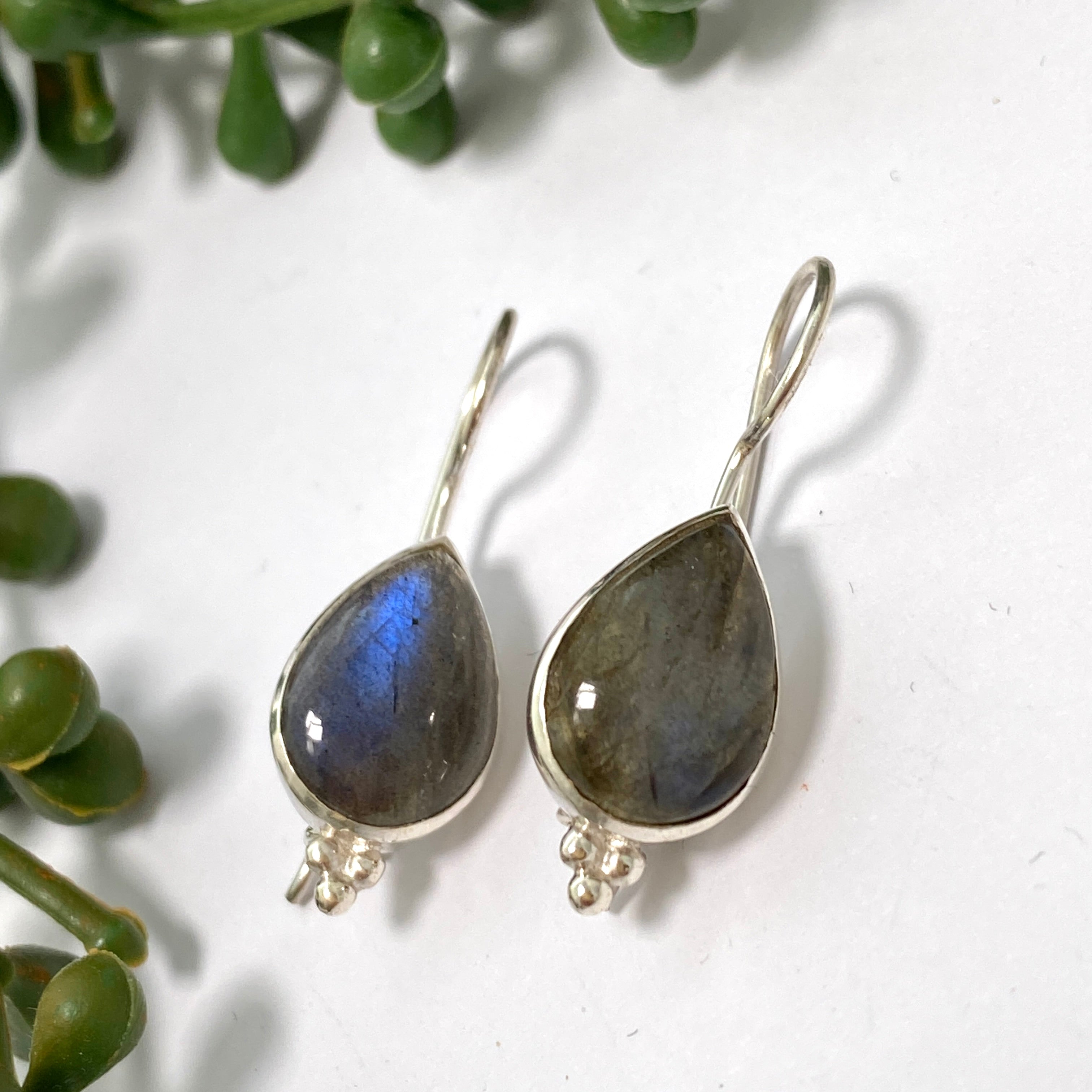 Labradorite Teardrop Cabochon Earrings with Fixed Hook - Natural Stone Jewelry for Women, Boho Style Dangle Earrings | Perfect for Parties, Weddings & Everyday Wear