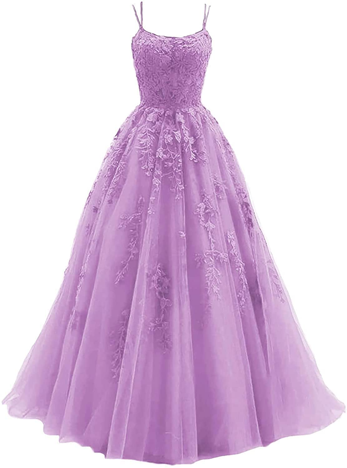 Elegant Women's Lace Applique Tulle Prom Dress - Long Ball Gown with Spaghetti Straps & Backless Design for Formal Evening Party, Wedding, Homecoming, and Special Occasions