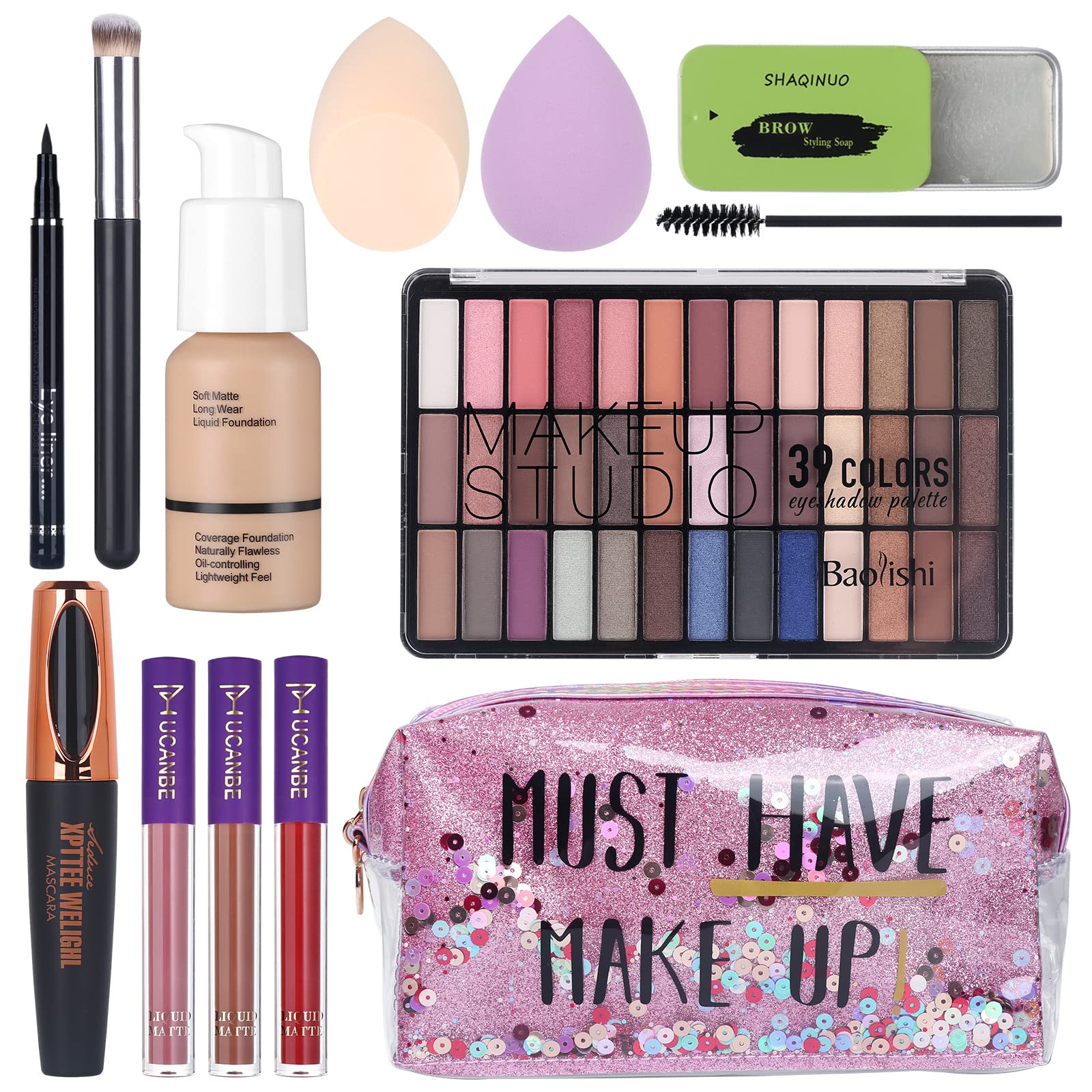 39 Colors Nude & Smokey Eyeshadow Palette Makeup Set - Complete Kit with Liquid Foundation, Concealer Brush, Mascara, Eyeliner, Matte Lipstick, Eyebrow Gel & Sponges | Perfect for Daily Makeup, Party Looks & Gift Giving