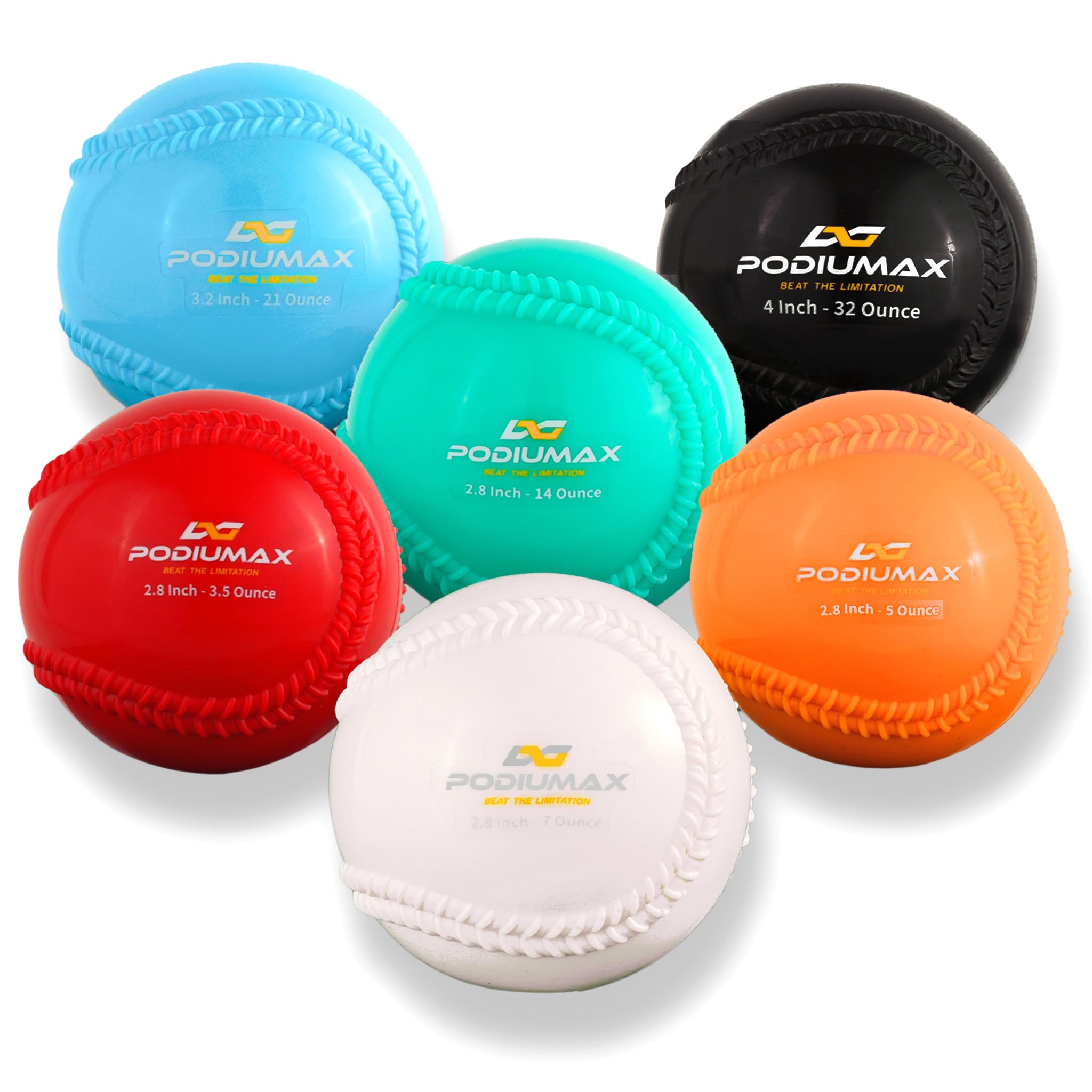 PodiuMax 6-Pack Plyometric Weighted Baseballs (32oz, 21oz, 14oz, 7oz, 5oz, 3.5oz) - Training Balls for Baseball & Softball Hitting, Pitching & Strength Drills - Perfect for Home, Gym & Field Practice