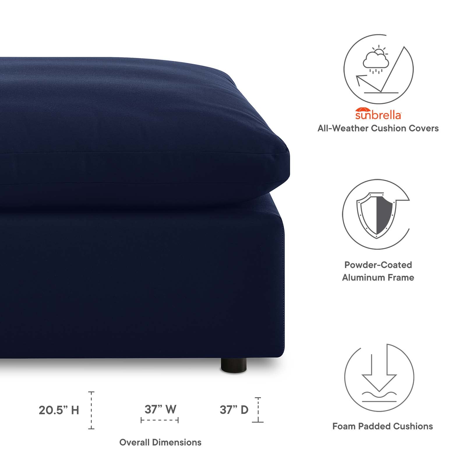 Modway EEI-4906-NAV Commix Sunbrella Outdoor Patio Ottoman in Navy Blue - Waterproof & UV Resistant for Poolside, Garden & Deck Furniture