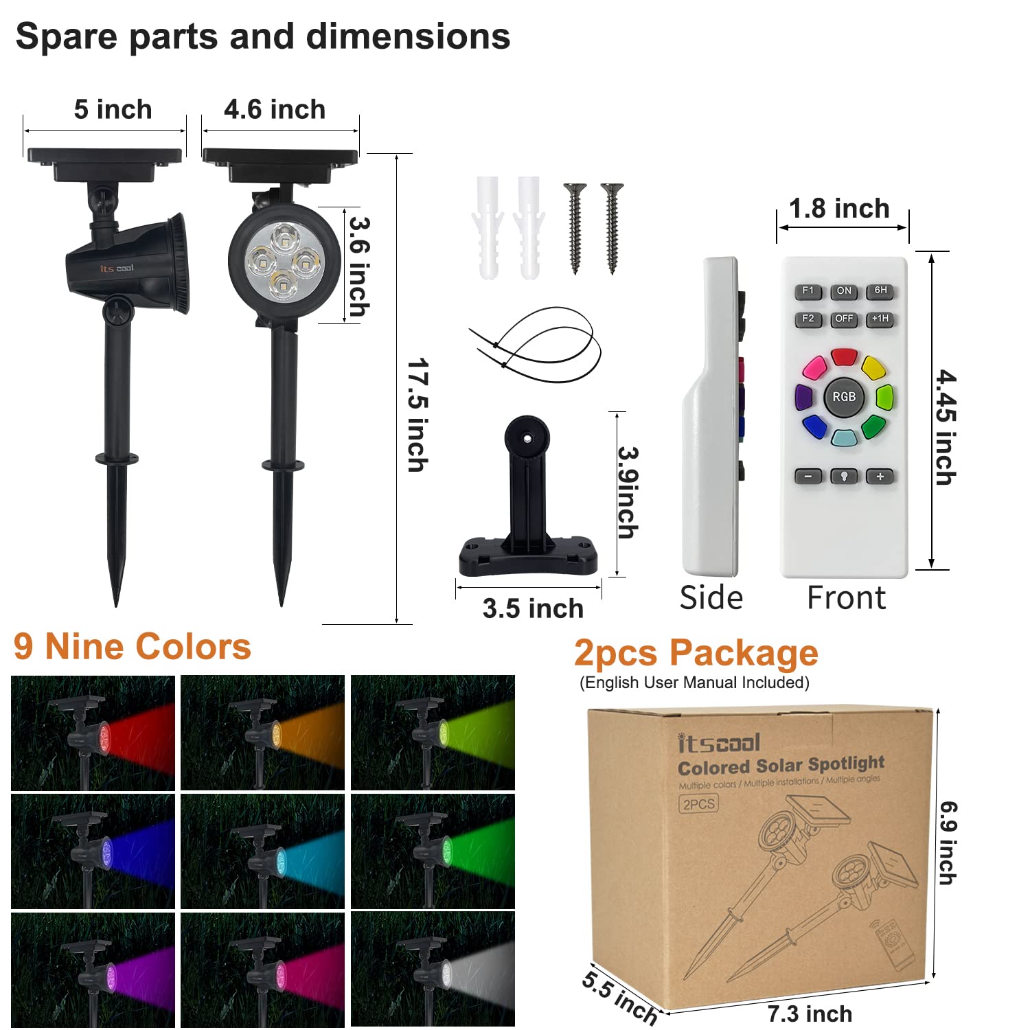 Solar Powered Outdoor Spotlights with Remote Control - 9 Color Changing LED Landscape Lights for Trees, Yard, Garden, and Pathway Lighting | Waterproof & Auto Mode