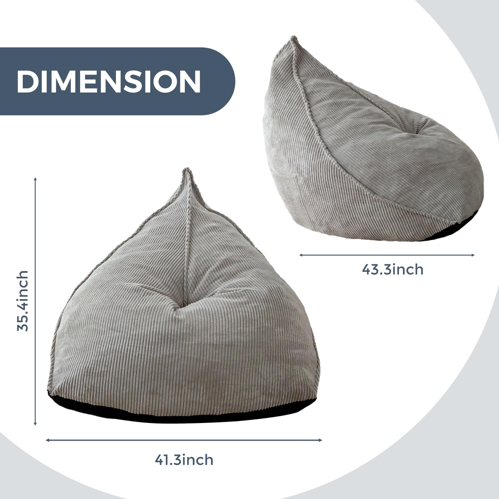 MAXYOYO Corduroy Bean Bag Chair for Adults - Soft Lazy Sofa 43x41x35 Inches with Filler - Grey Comfortable Lounge Chair for Living Room, Bedroom & Game Room
