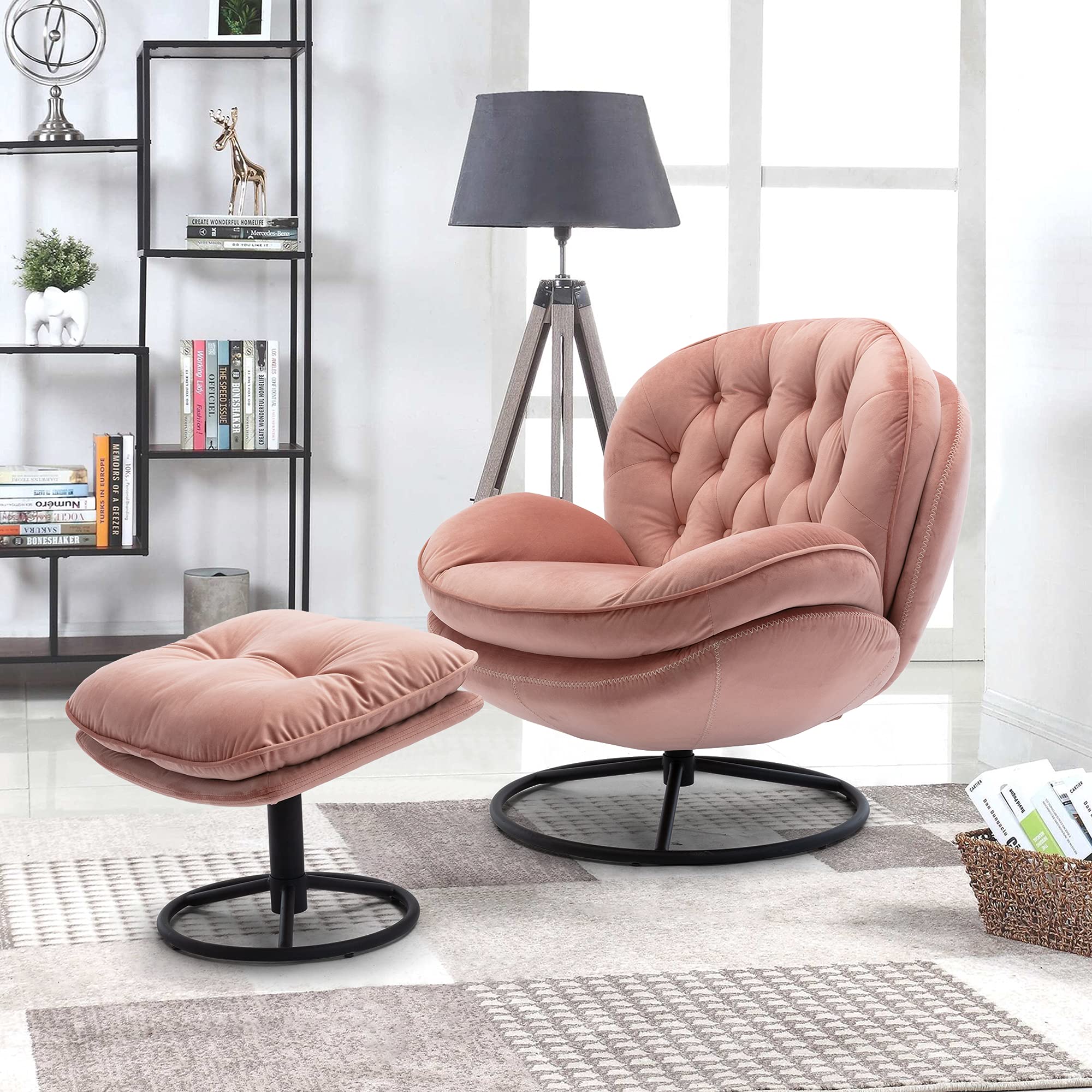 Velvet Cozy Chaise Lounge Chair with Ottoman - Oversized Swivel Reading Chair with Footrest, Rose Pink Accent Chair for Living Room, Bedroom, Home Office - Perfect for Relaxing, Reading & Lounging