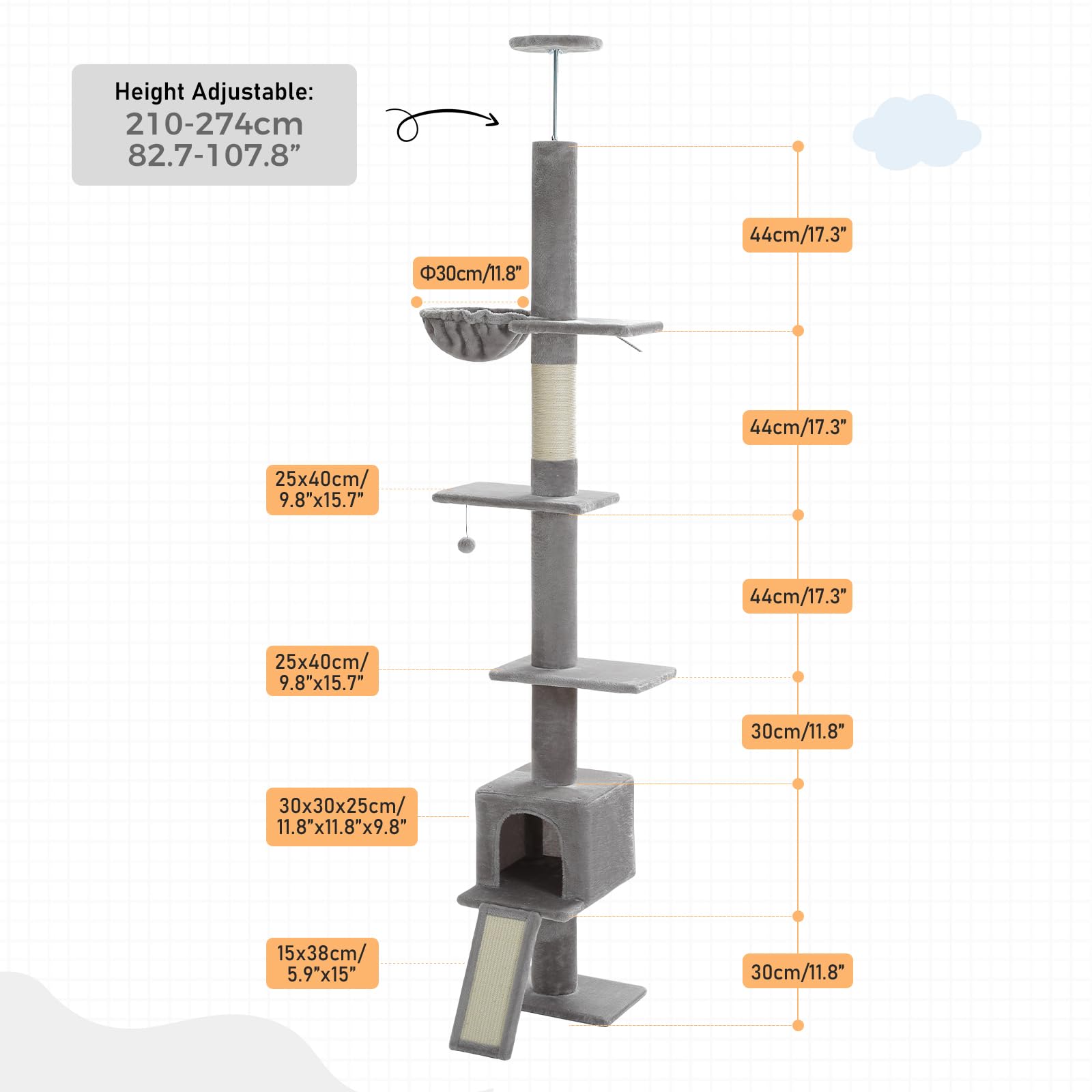 PAWZ Adjustable Floor-to-Ceiling Cat Tree Tower (82.7-107.8 Inches) - Tall Cat Climbing Structure with Scratching Post, Ladder, Hammock & Condo for Indoor Cats - Perfect for Small Spaces & Multi-Cat Homes (Grey)