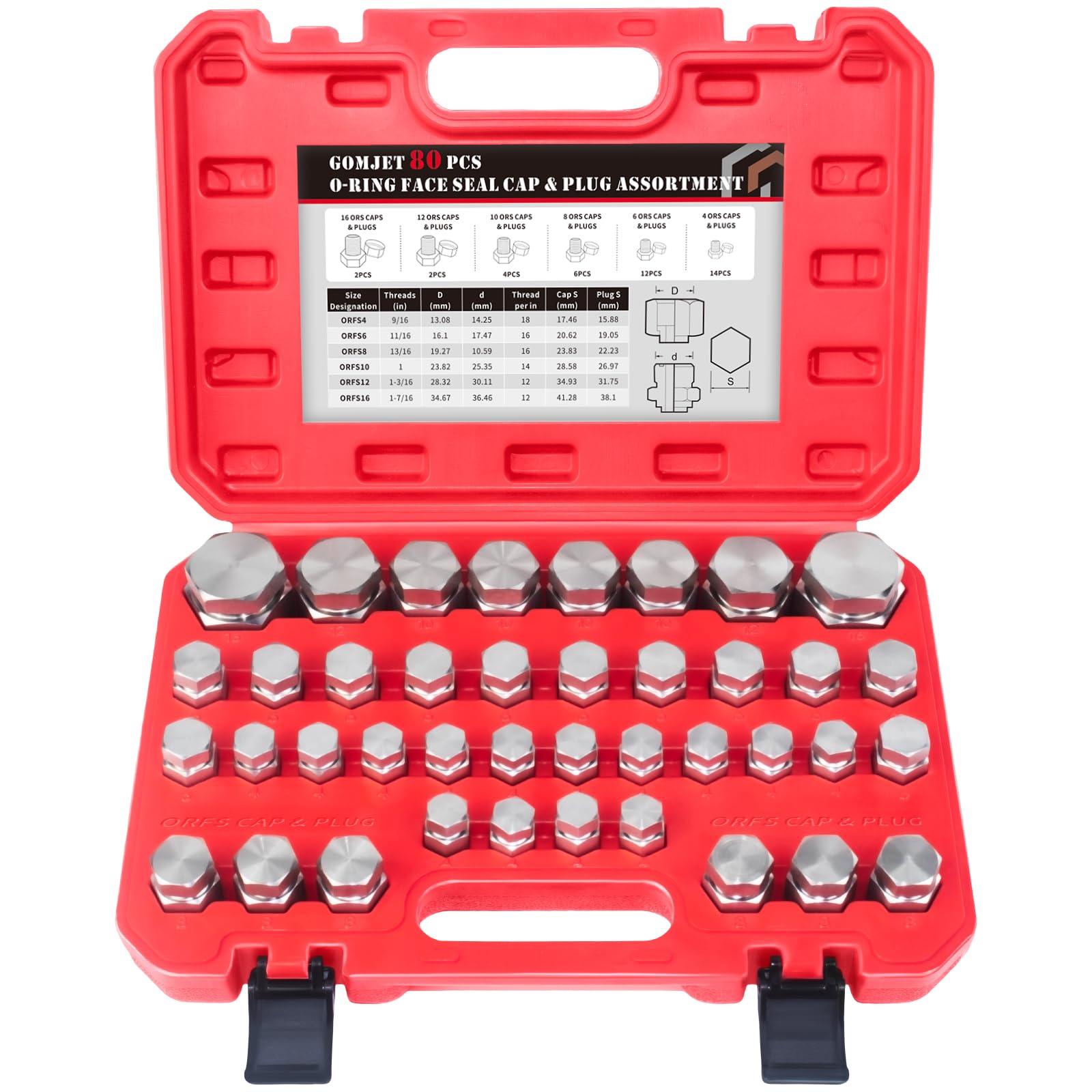 GOMJET 80 PC ORFS Master Industrial Hydraulic Cap and Plug Kit - Precision Threading for Hose, Tube & Pipe Fittings (ORFS & 37° Dash Sizes 4,6,8,10,12,16) - Ideal for Hydraulic System Maintenance, Fluid Line Protection, and Industrial Equipment Repair