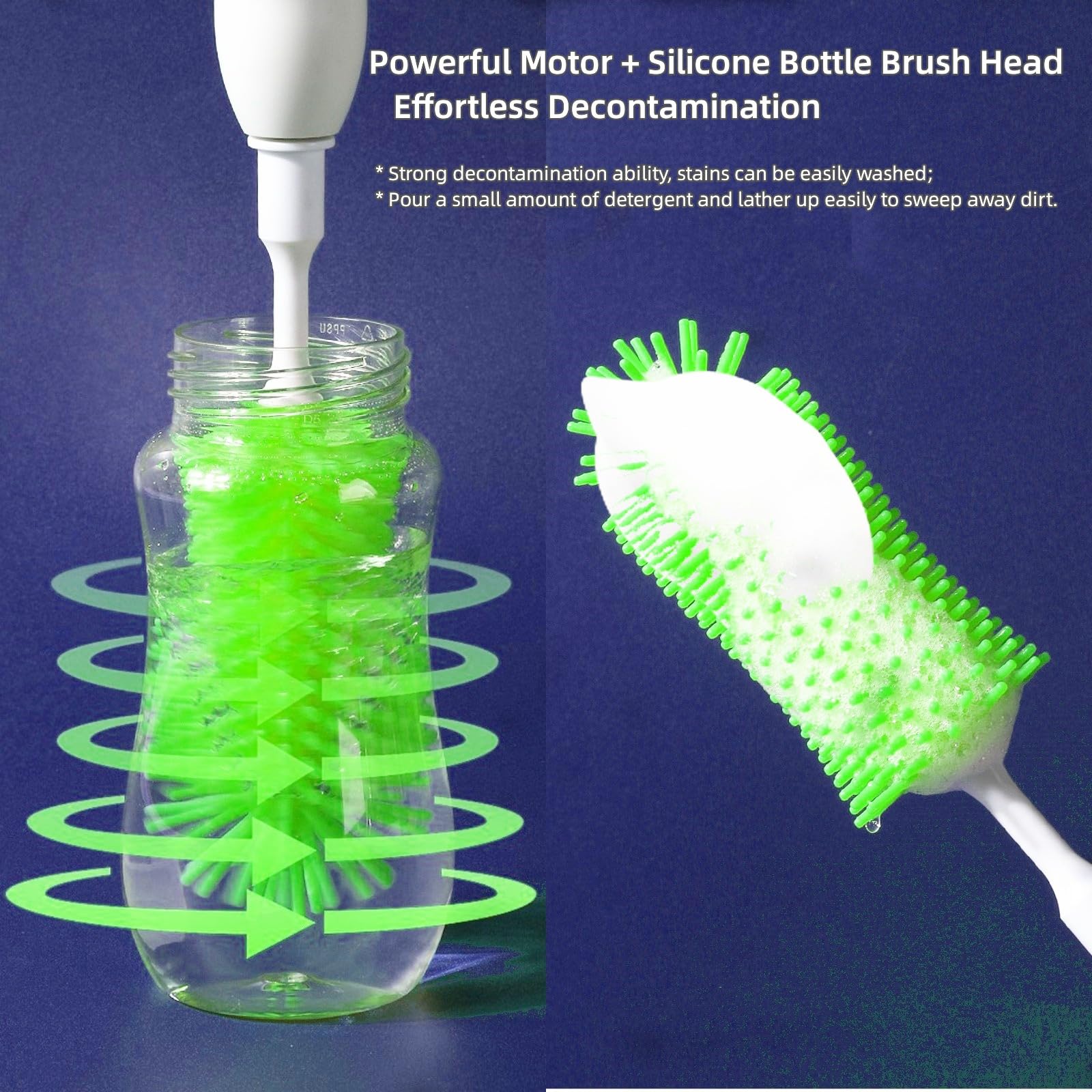Rechargeable Electric Bottle Brush Set - Automatic Cleaning Brush with Spinning Head for Baby Bottles, Dishes, Mixers & Toilets | Multi-Purpose Scrub Brush Kit for Kitchen & Bathroom Cleaning | Eco-Friendly Green Design