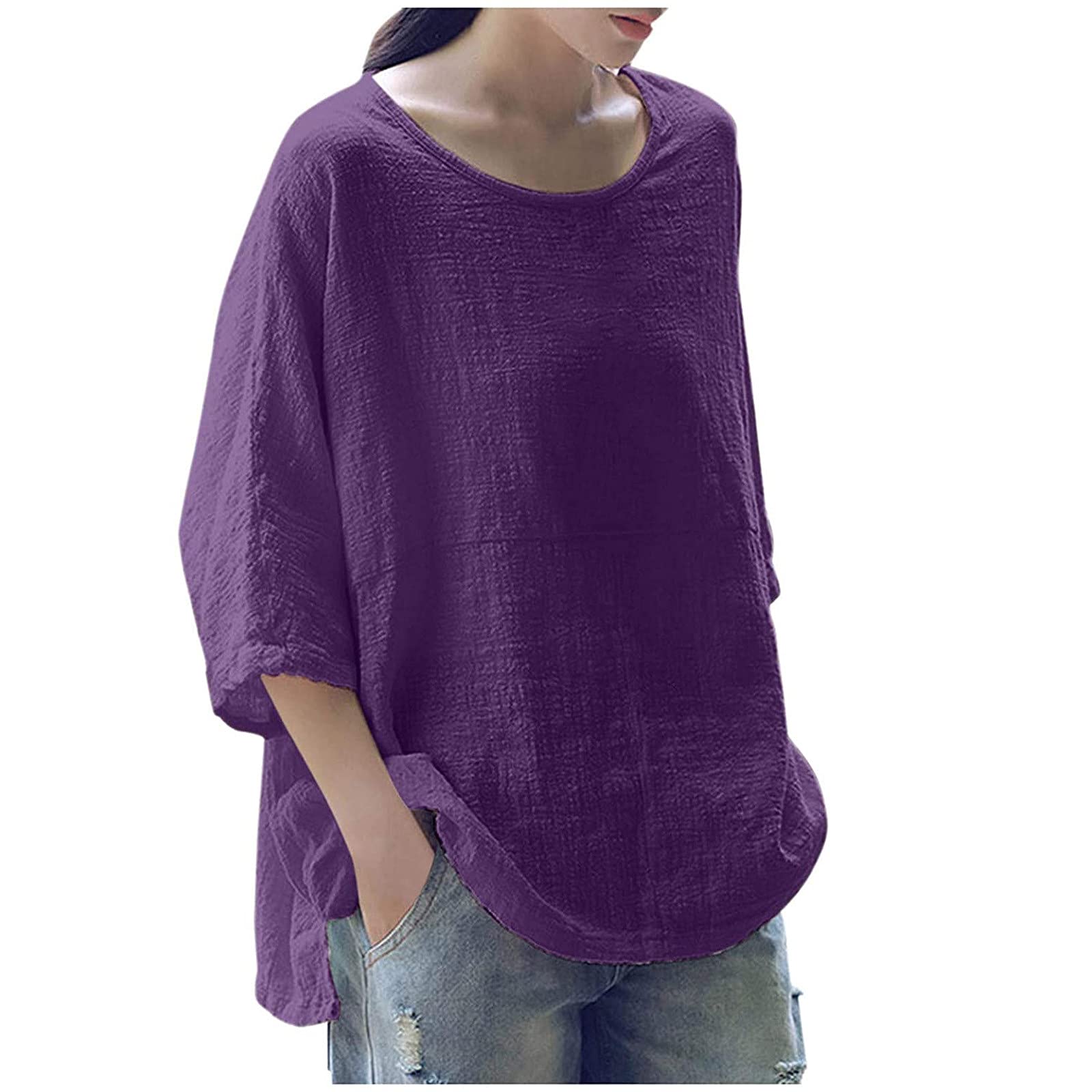 Women's 3/4 Sleeve Cotton Linen Vintage T-Shirt - Soft Breathable Round Neck Loose Fit Casual Top (Solid Colors) for Everyday Wear, Office & Weekend Outings