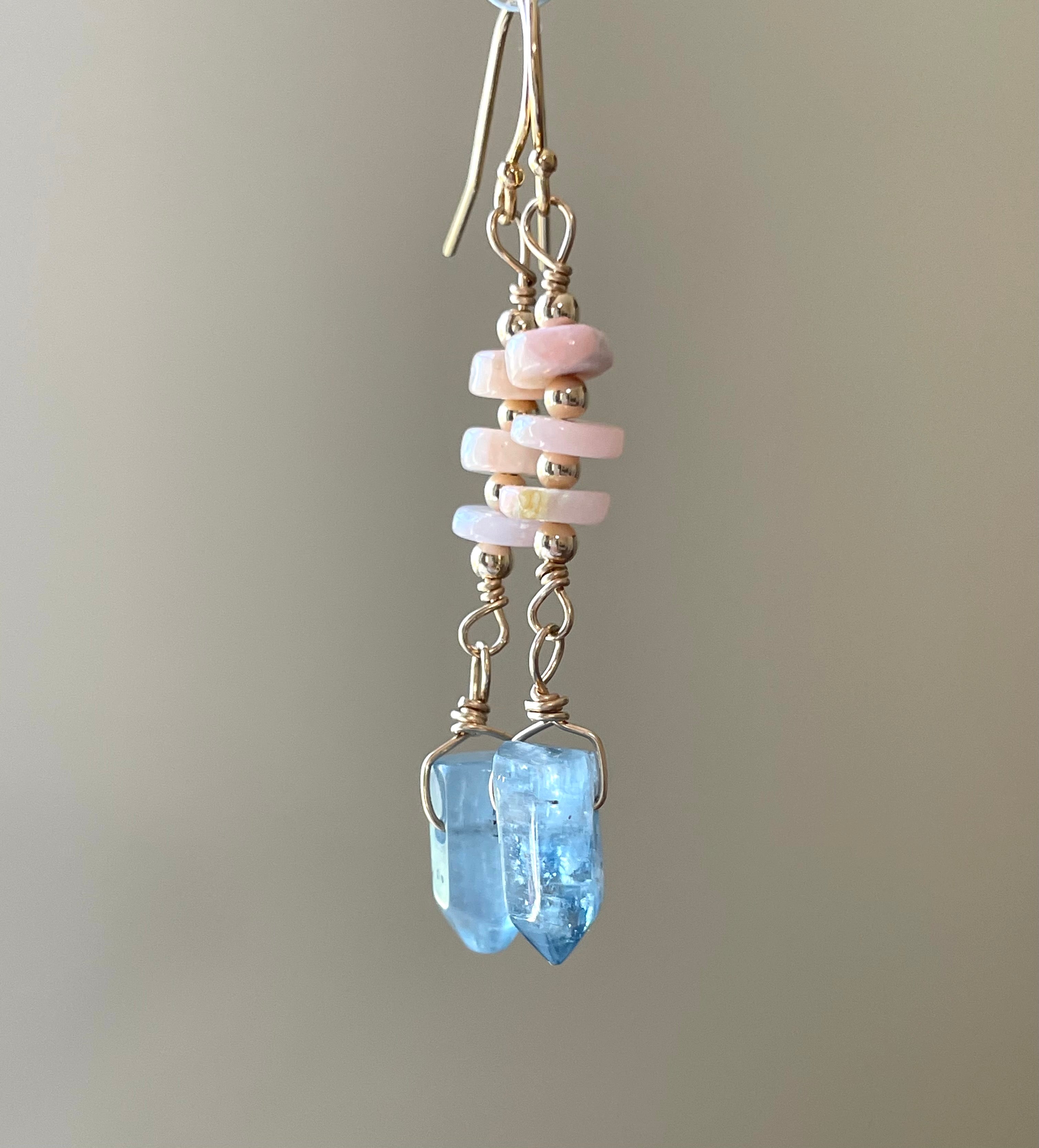 Pink Opal & Blue Kyanite Crystal Earrings - Gold Filled Raw Gemstone Jewelry for Women | Boho Chic Style, Healing Crystal Gift, Everyday Wear & Special Occasions