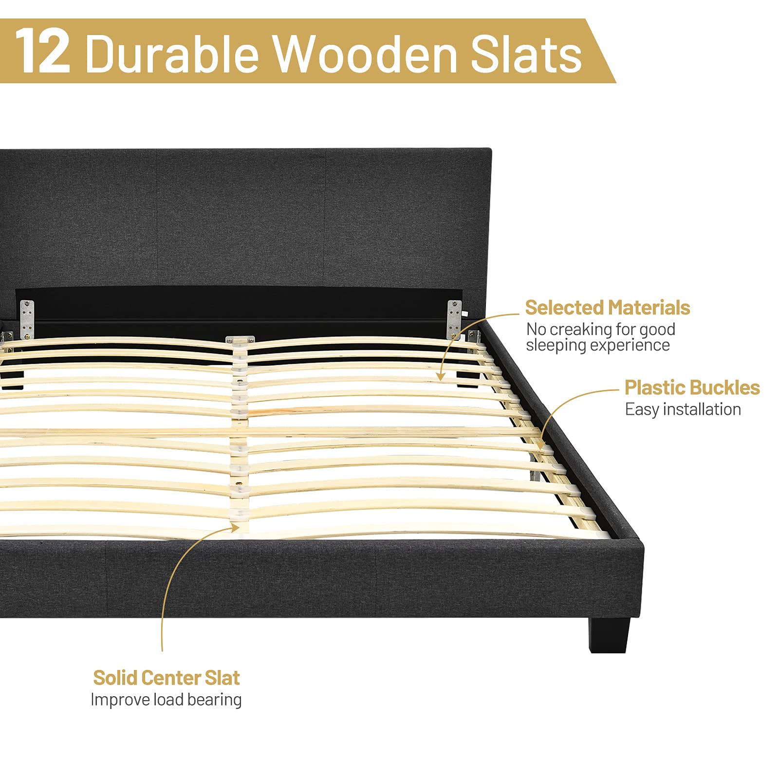 Giantex Full Size Upholstered Platform Bed Frame with Headboard - Heavy Duty Wooden Slat Support, No Box Spring Needed - Easy Assembly Bedroom Furniture for Master Bed, Guest Room & Dorm