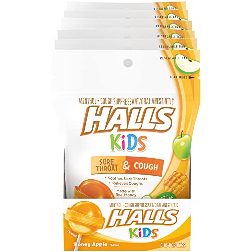 Halls Kids Honey Apple Sore Throat & Cough Relief Pops - 10 Individually Wrapped Pops per Bag (Pack of 6) | Soothing Throat Drops for Children with Cold & Flu Symptoms | Perfect for School, Travel & Home Use