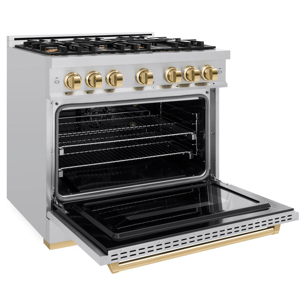 ZLINE Autograph Edition 36 Inch 5.2 Cu. Ft. Classic Gas Range with 6 Burner Cooktop & Convection Gas Oven - Stainless Steel with Polished Gold Accents (CGRZ 36 G) - Perfect for Professional Home Chefs & Modern Kitchens