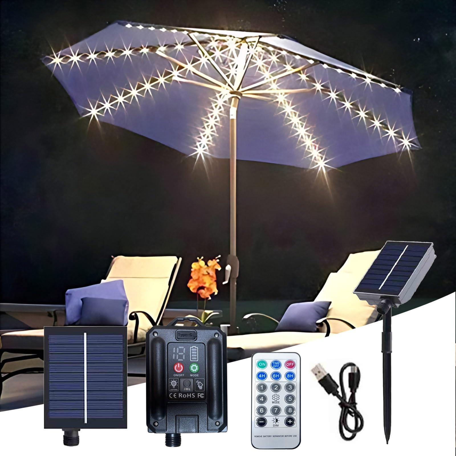 Solar Umbrella Lights with 8 Modes - USB Rechargeable & Ground Plug for Beach, Camping, Garden Parties | Waterproof Outdoor Decorative Lighting for Patio, Tent, and Backyard Gatherings