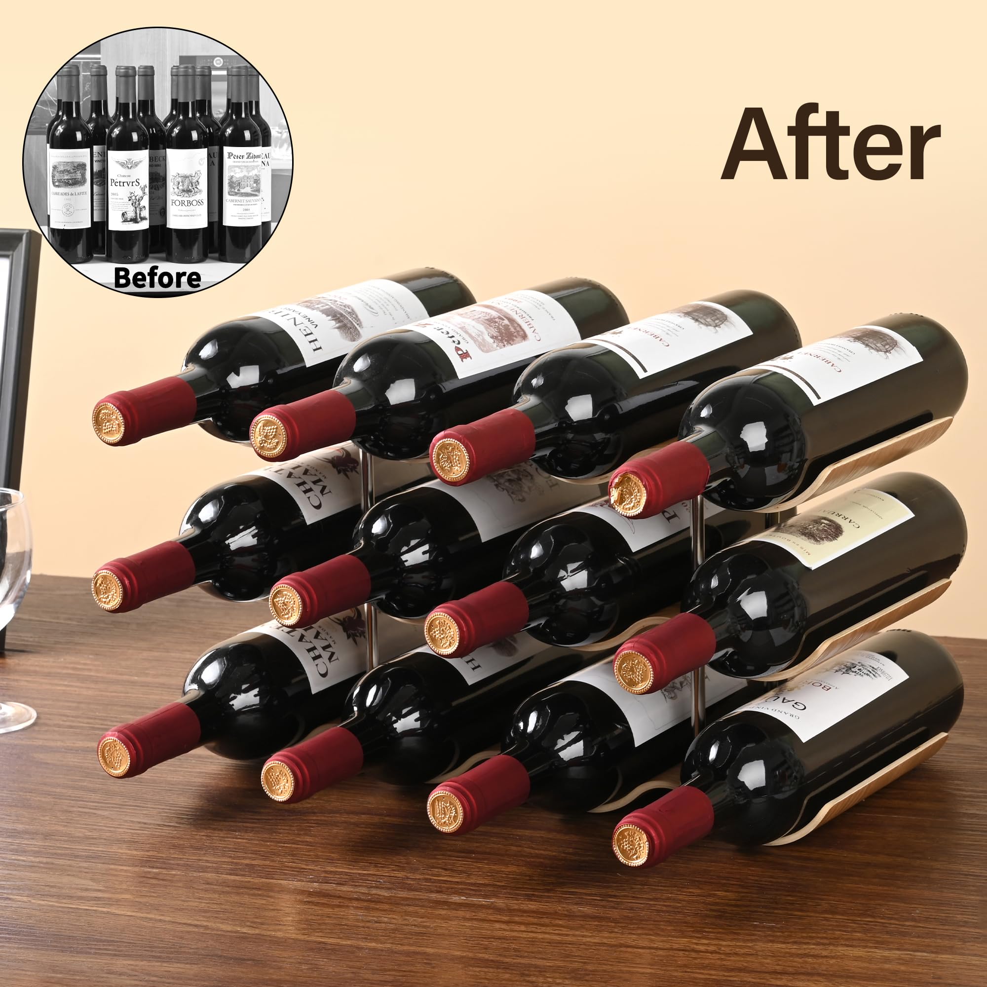 12 Bottle Wooden Wine Rack - 3 Tier Countertop Wine Holder Stand for Kitchen, Bar, Pantry & Cabinet Storage | Wavy Design Freestanding Wine Organizer for Home & Restaurant Use