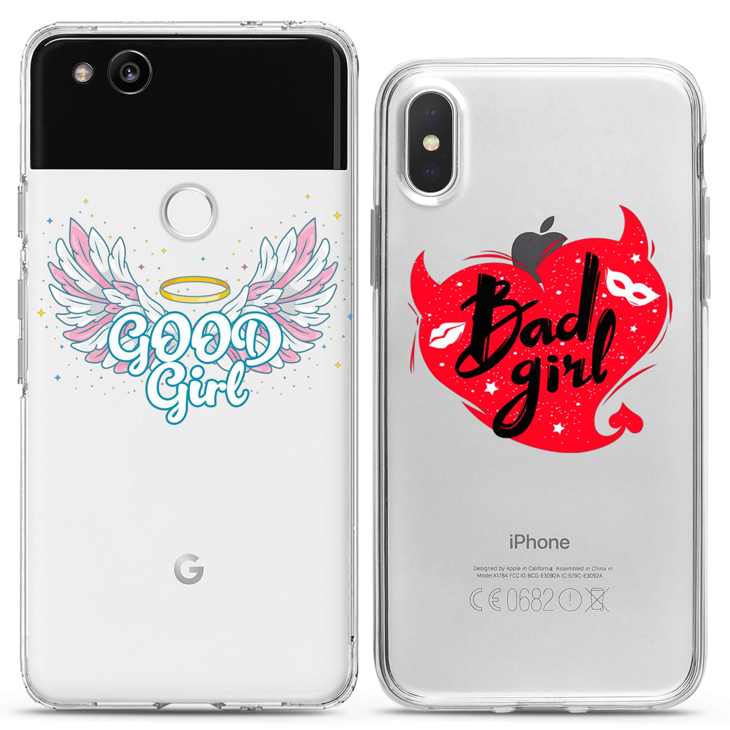 Matching Couple Phone Cases Compatible with iPhone 16/15/14/13/12/11 Pro Max/Mini/XS/X/6s/8 Plus/7+/XR/10/SE/5 - Cute BFF Silicone Covers with Angel & Devil, Good & Bad Girl Designs - Perfect Gift for Couples, Best Friends & Women (Ideal for Valentine's Day, Anniversaries & Friendship Gifts)