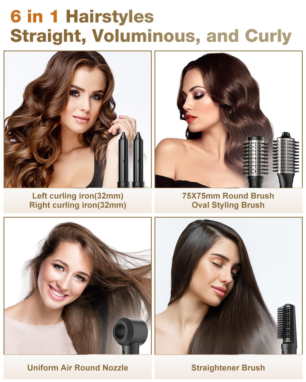 7MAGIC 1200W Ionic Hair Dryer Brush & 6-in-1 Styler - Silver (110V) for Fast Drying, Straight, Wavy, Curly & Coily Hair - Perfect for Home, Salon & Travel Use