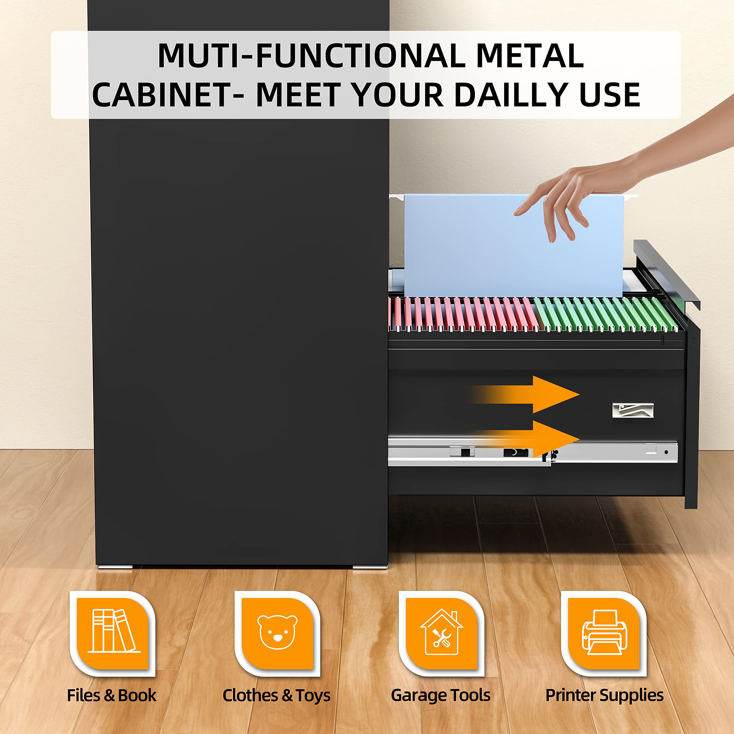 INTERGREAT 3-Drawer Black Lateral File Cabinet with Lock - Legal/Letter & A4 Size Metal Steel Locking Wide Filing Cabinet for Home Office - Perfect for Document Storage, Office Organization & Secure File Keeping