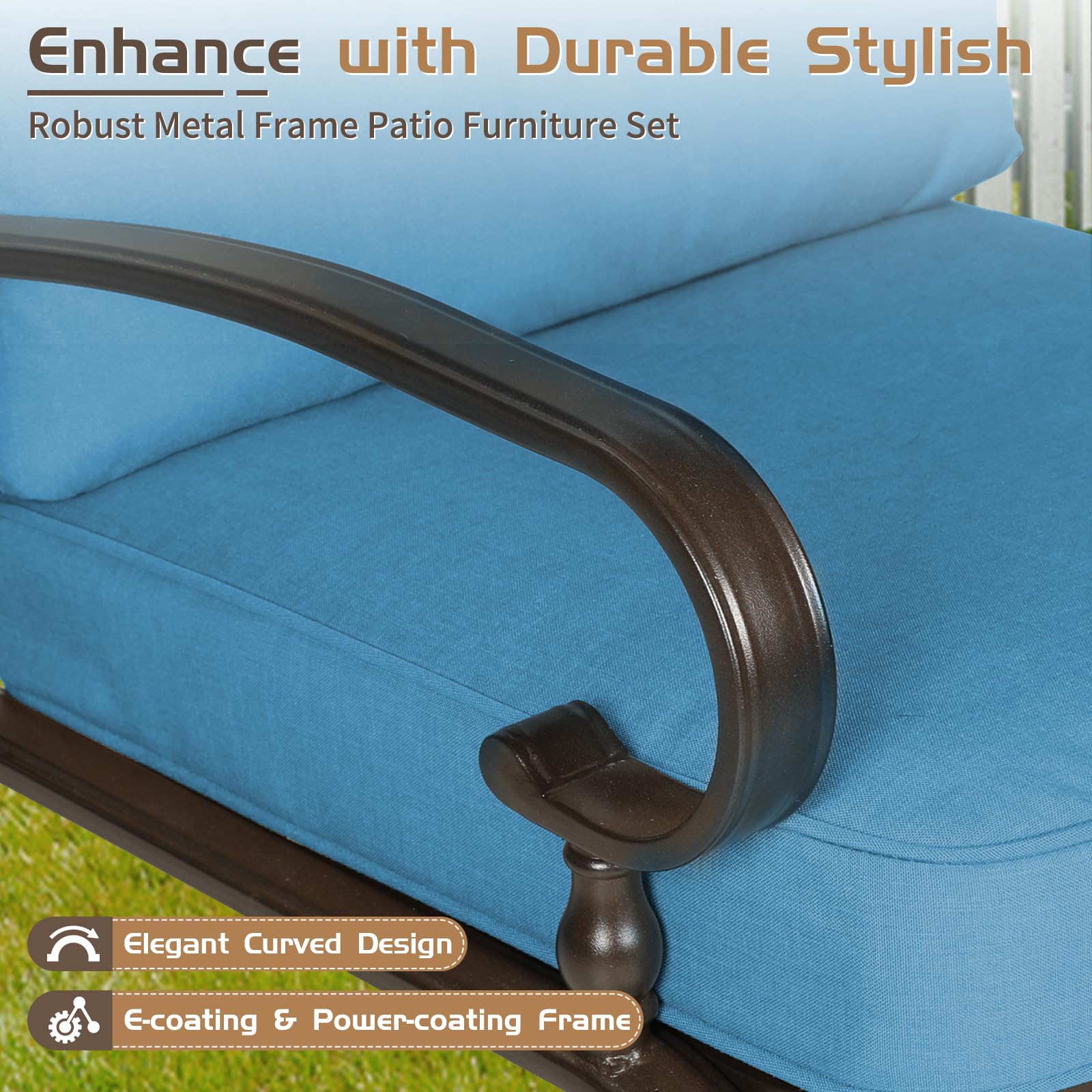 Oakcloud 7-Piece Wrought Iron Outdoor Patio Furniture Set with Cushions (Blue) - Includes Loveseat, Coffee Table, Bistro Table, 2 Spring Chairs & 2 Dining Chairs - Perfect for Garden, Backyard, Poolside or Terrace Relaxation