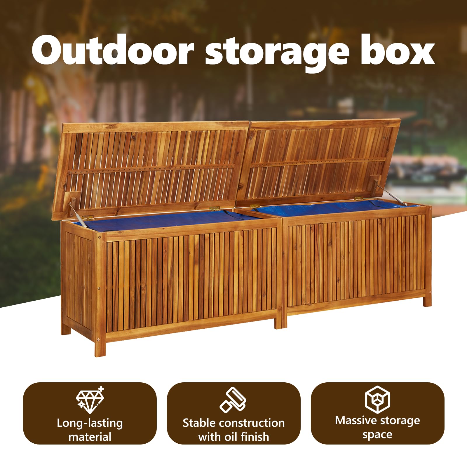 vidaXL Outdoor Storage Box - Large 78.7'' Deck Box with Gas-Lift Lid & Waterproof Zippered Bag - Solid Acacia Wood Patio Furniture for Cushions, Pool Toys & Garden Tools Storage