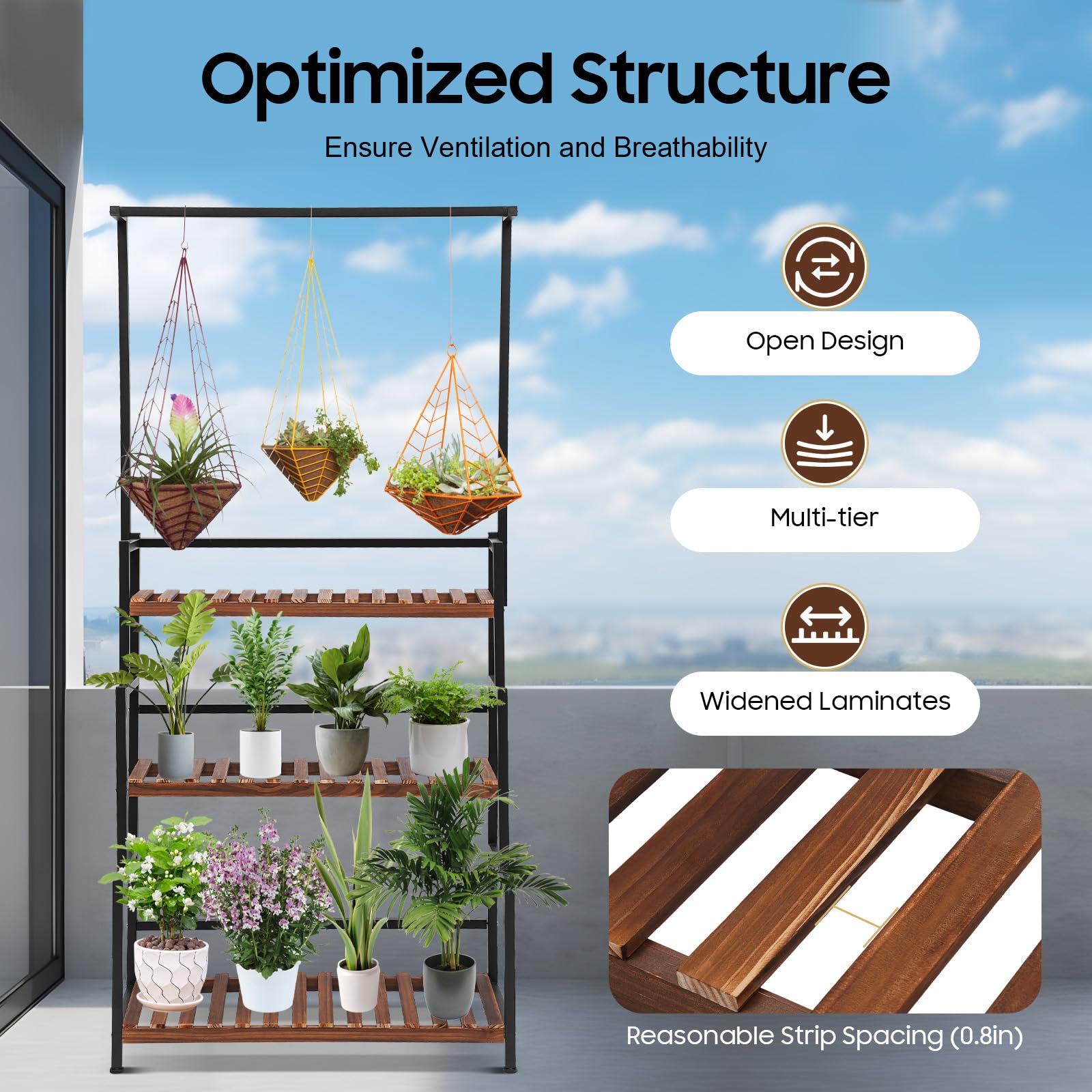 OUKANING 3-Tier Black Metal Hanging Plant Stand - Flower Pot Display Shelf for Indoor & Outdoor Use - 31.4 x 13.4 x 68.1 Inch Storage Rack - Perfect for Living Room, Garden, Patio, Balcony, Lawn Decor