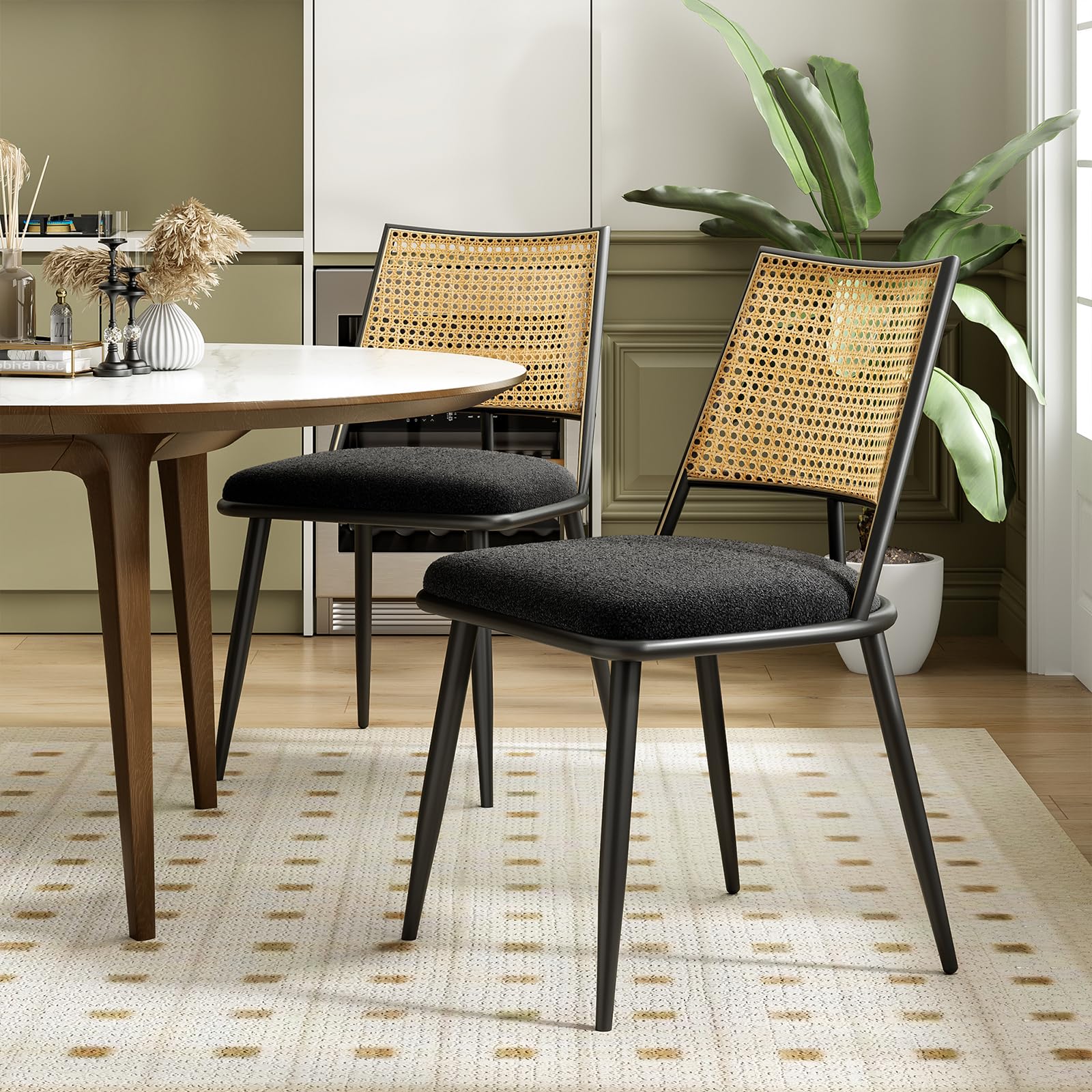 Farini Mid-Century Modern Dining Chairs Set of 2 - Rattan Backrest & Metal Frame Boucle Upholstered Kitchen Chairs for Dining Room, Kitchen, Living Room - Perfect for Small Spaces and Contemporary Home Decor (Black)
