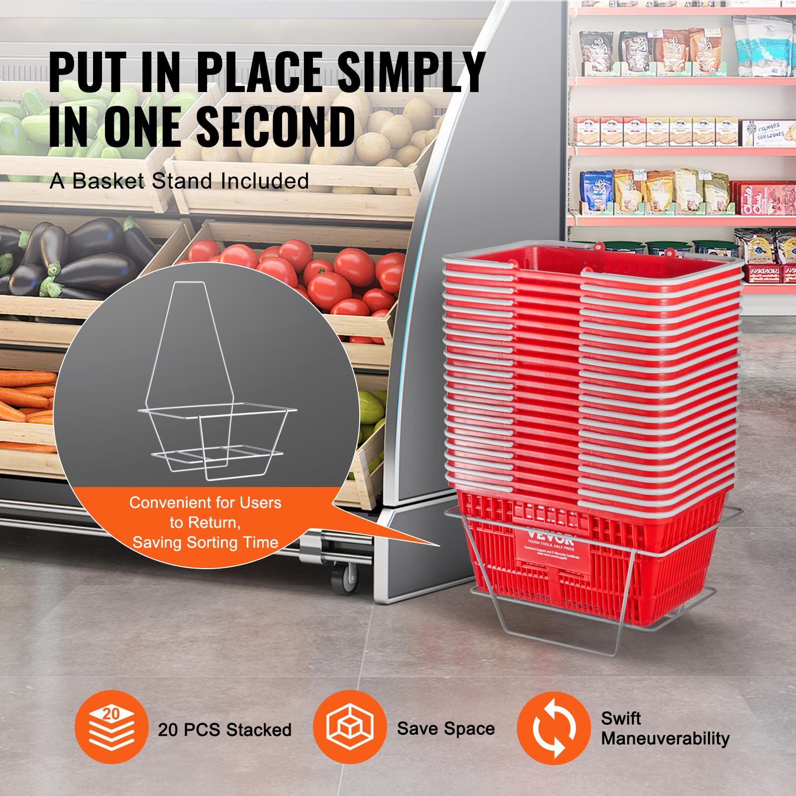 VEVOR 20-Pack Durable Plastic Shopping Baskets with Handles - 21L Capacity, 16.5 x 11.8 x 8.27 Inches - Red Store Baskets for Supermarkets, Retail Shops & Grocery Stores - Perfect for Checkout Counters, Produce Displays & Bulk Shopping