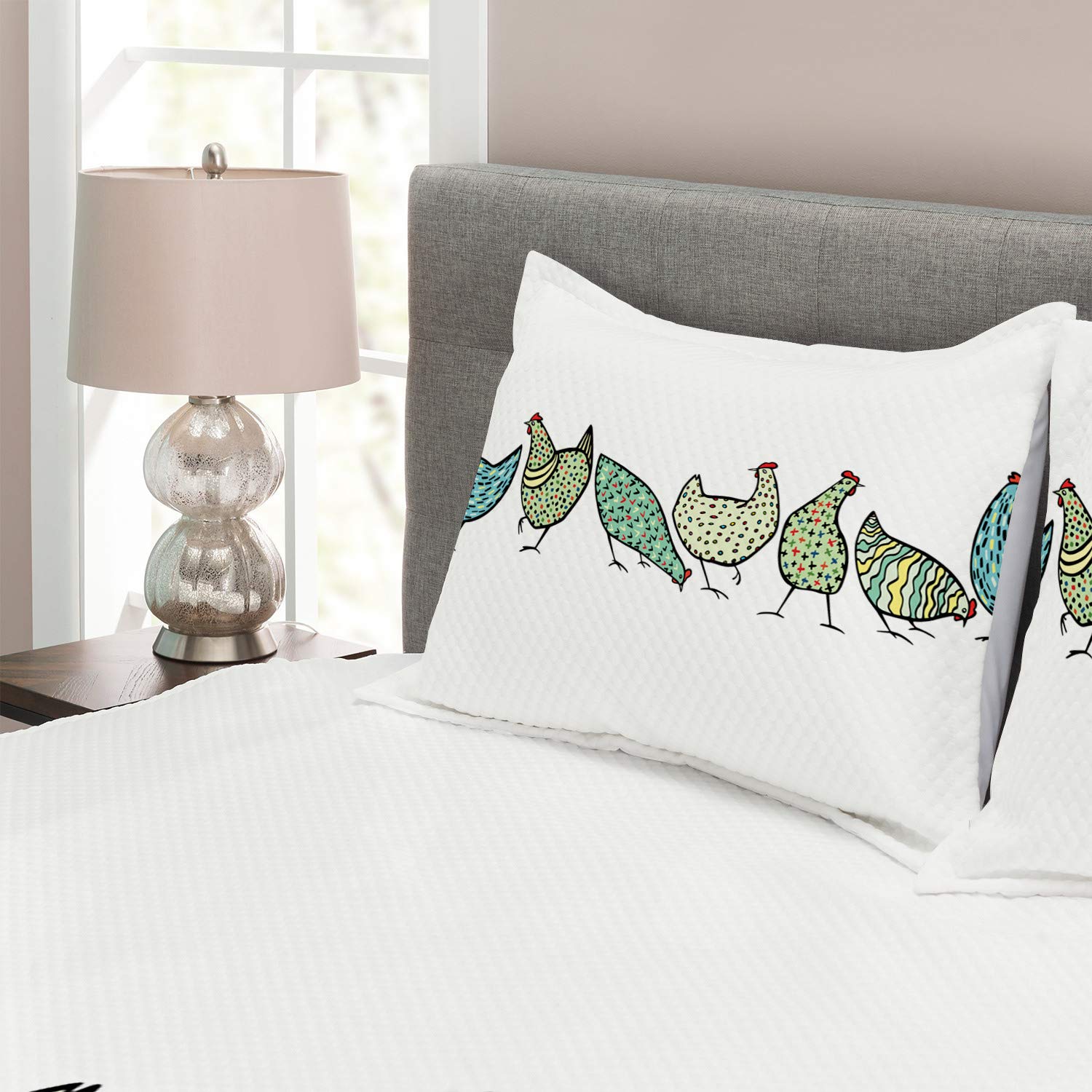 Ambesonne King Size Chicken Bedspread Set - Farm Animal Geometric Print Quilted 3-Piece Coverlet with 2 Pillow Shams, Pale Green & White - Perfect for Farmhouse, Country & Rustic Bedroom Decor