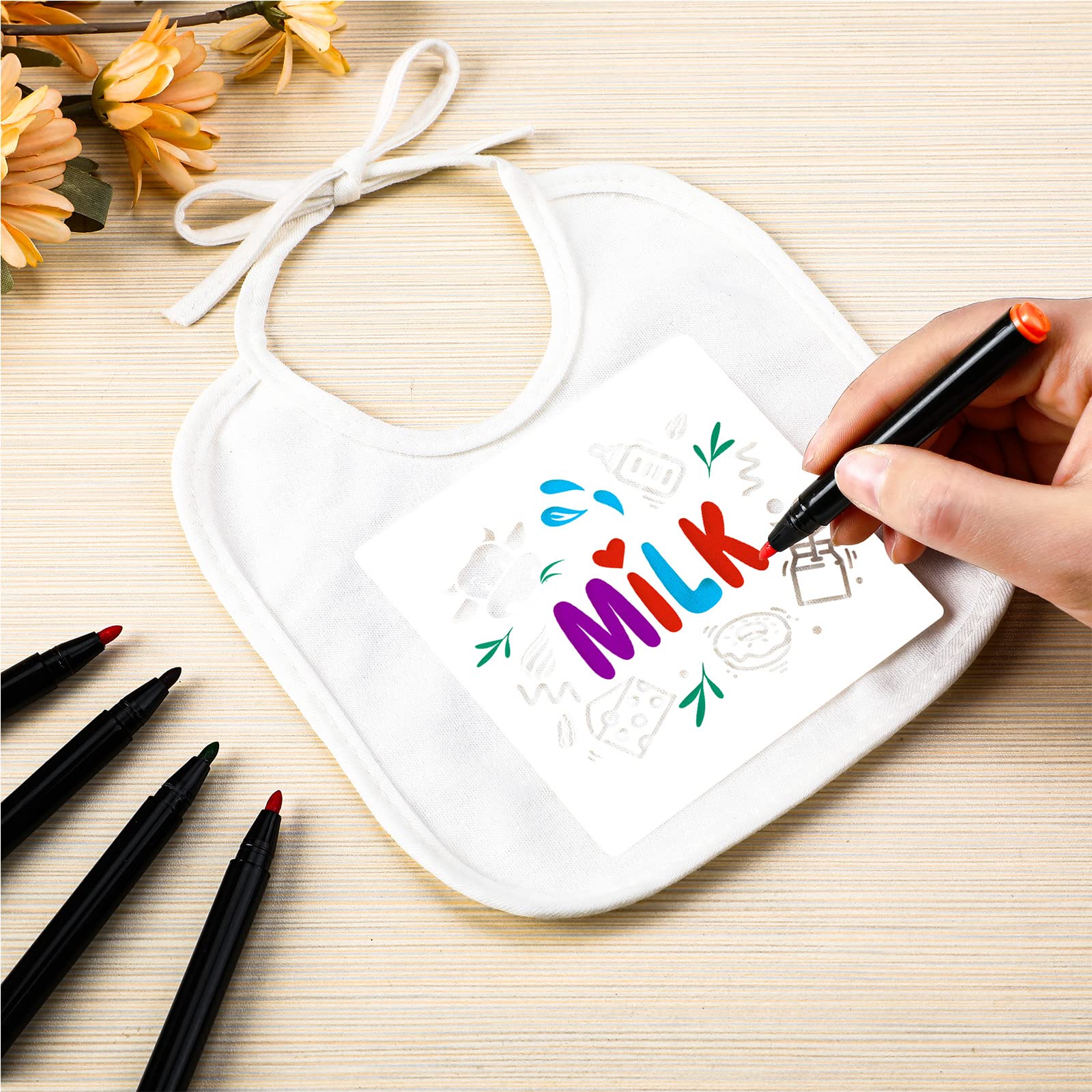Jutom 38-Piece DIY Baby Bib Decorating Kit - 14 Bibs, 14 Stencils, 10 Fabric Markers & 2-Ply Feeder Bibs for Baby Shower Games, Birthday Parties & Creative Crafting