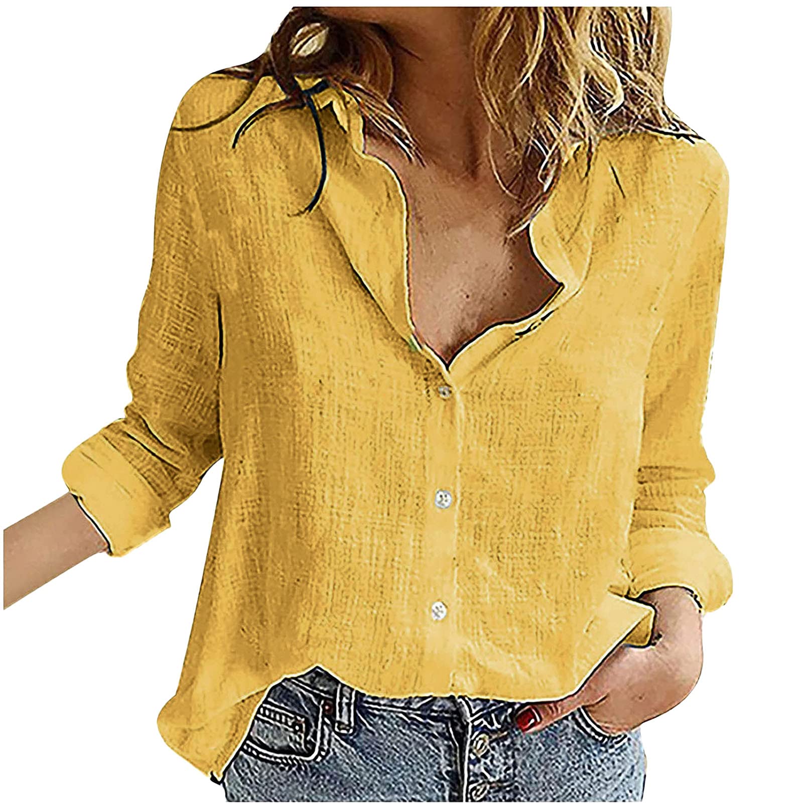 Women's Loose Fit Cotton Linen Button Down Shirt - Solid Color Long Sleeve Blouse with Lapel Collar | Casual Office Wear & Spring Summer Fashion Tops
