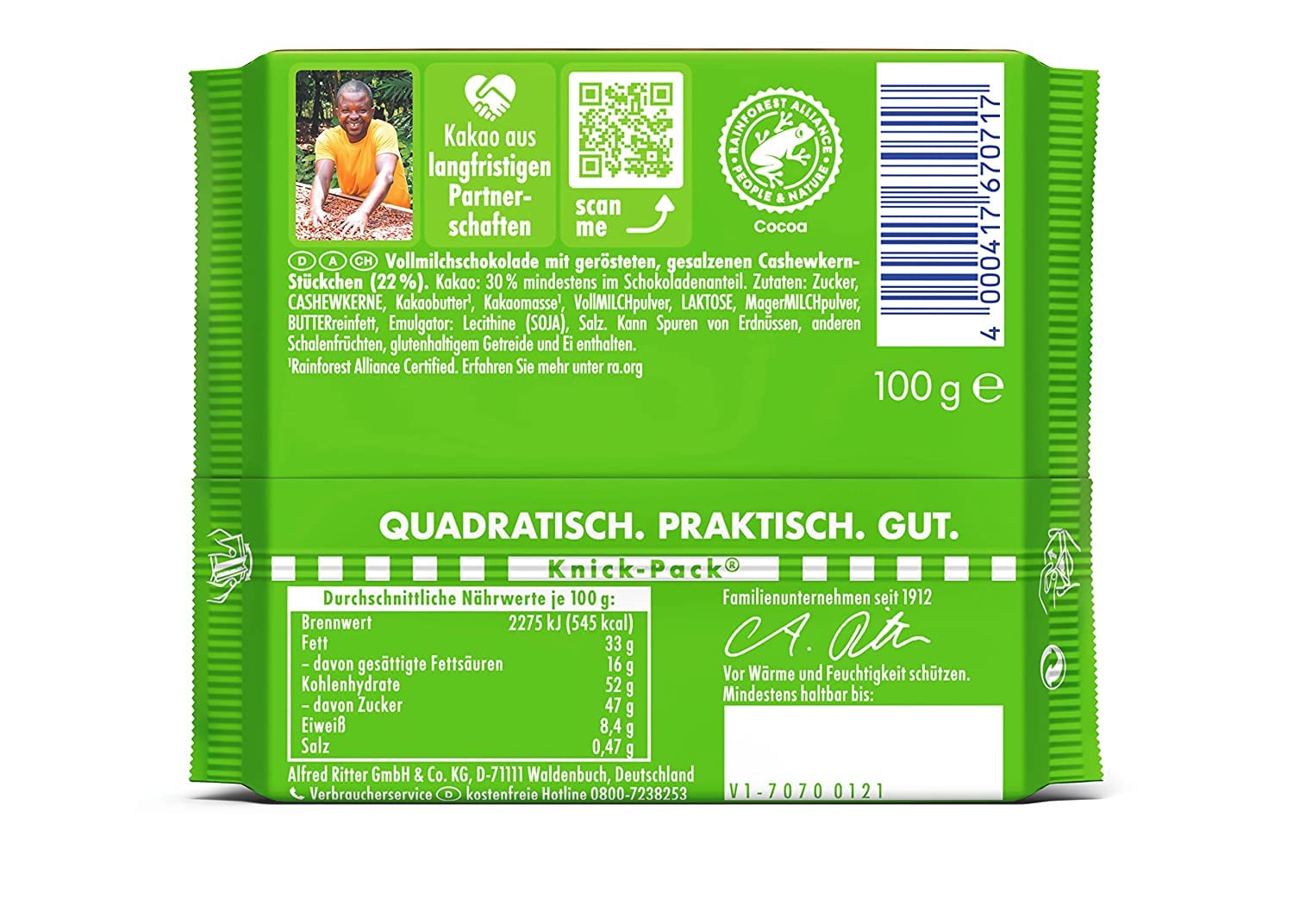 Ritter Sport Nut Class Cashew Chocolate Bar - Premium German Chocolate - 3.5 Ounce (Pack of 1) - Perfect for Gifts, Snacking & Dessert Toppings