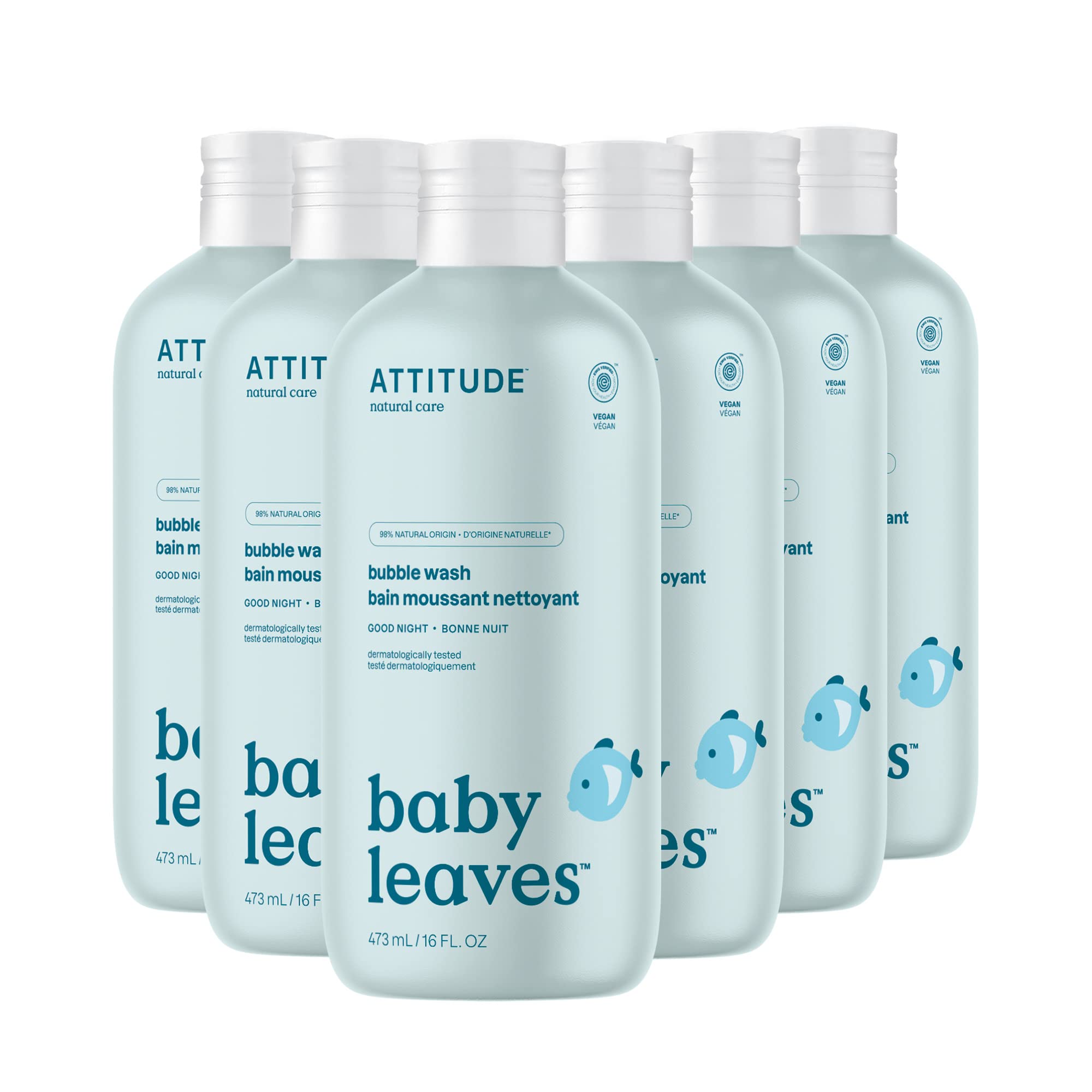 ATTITUDE Baby Bubble Body Wash - EWG Verified, Hypoallergenic & Dermatologist Tested | Plant-Based, Vegan & Mineral Formula | 16 Fl Oz (Pack of 6) | Gentle Nighttime Bath for Sensitive Skin