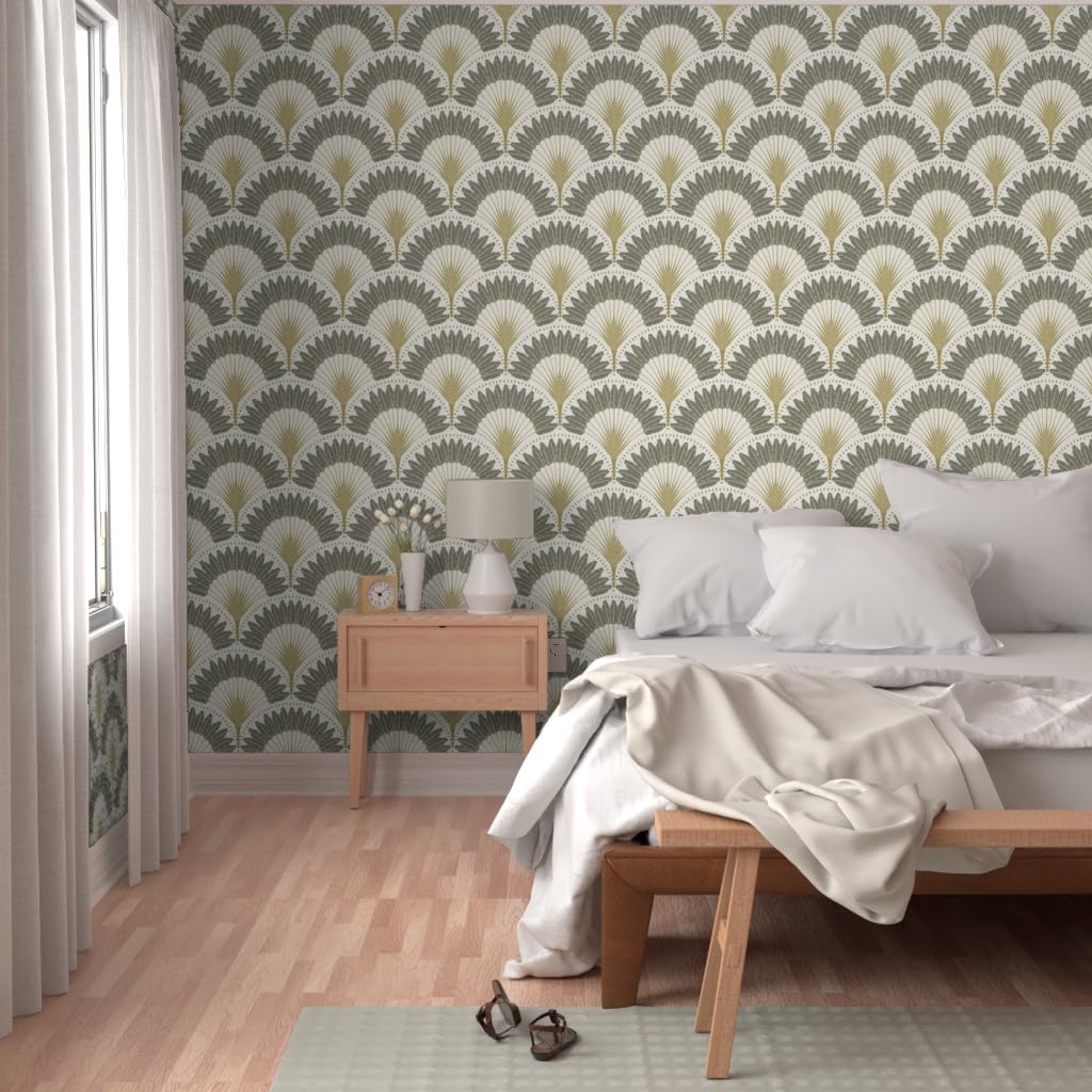 Peel & Stick Removable Wallpaper 3ft x 2ft - Neutral Botanicals with Palms & Art Deco Fans | Trendy Custom Wallpaper by Spoonflower | Perfect for Bedroom, Living Room & Home Office Decor