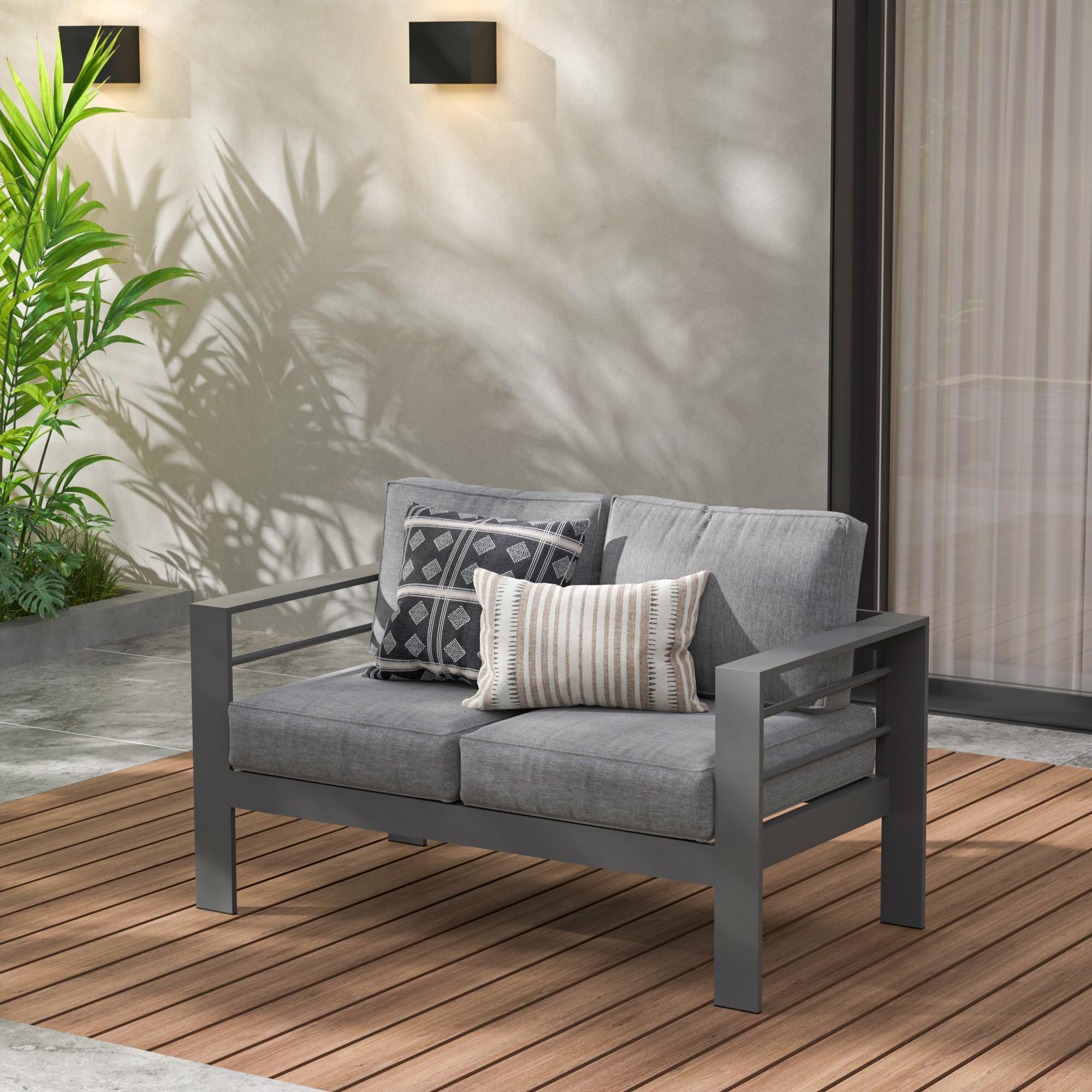 Wisteria Lane Patio Furniture Aluminum Loveseat - All-Weather Outdoor 2-Seater Sofa with Dark Gray Cushions - Perfect for Garden, Deck, Poolside & Backyard Relaxation