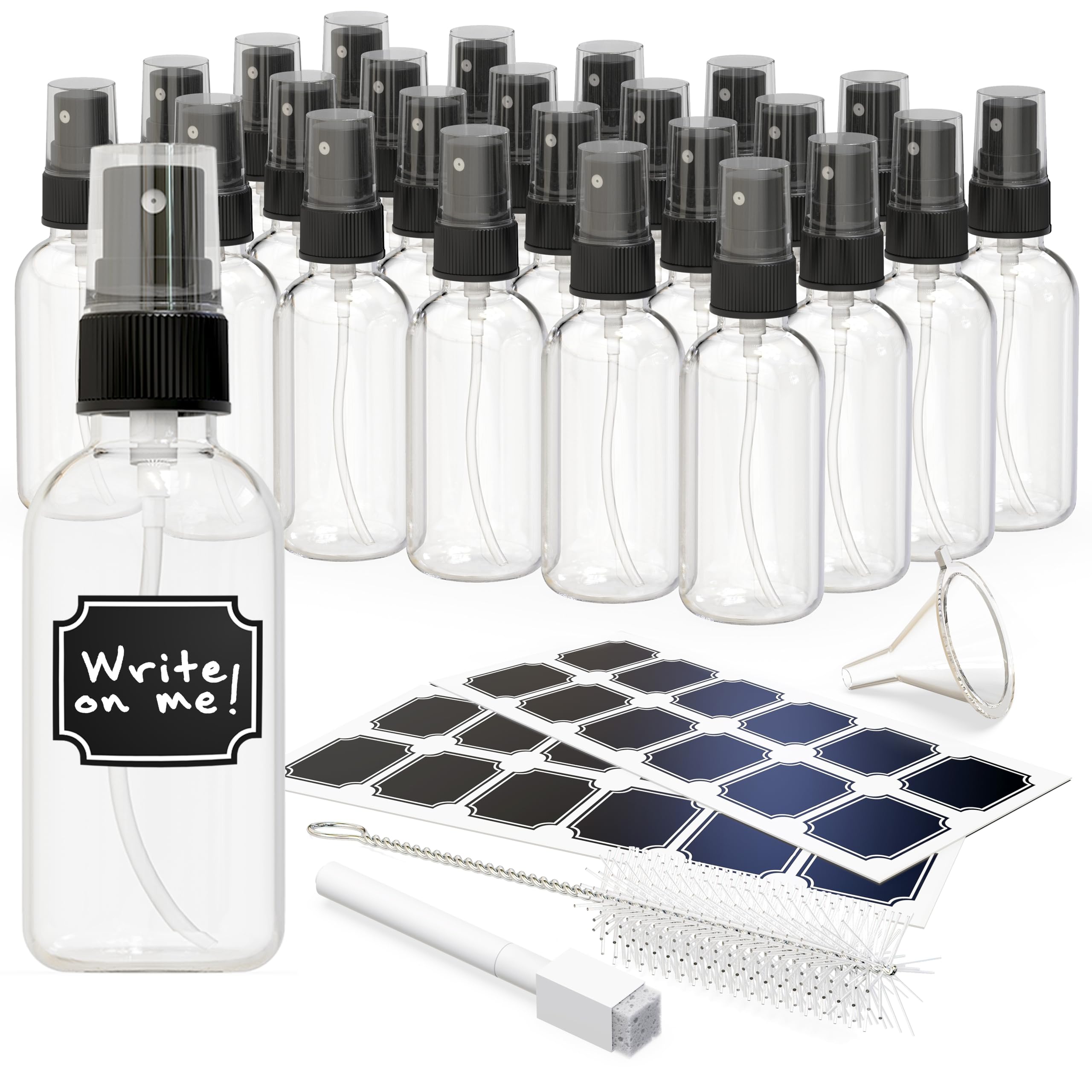 Nevlers 24-Pack 2oz Clear Small Spray Bottles Set - Ultra Fine Mist Sprayer for Face, Hair, Essential Oils - Glass & Plastic Mini Spray Bottles for Travel, Skincare, Aromatherapy & Home Use