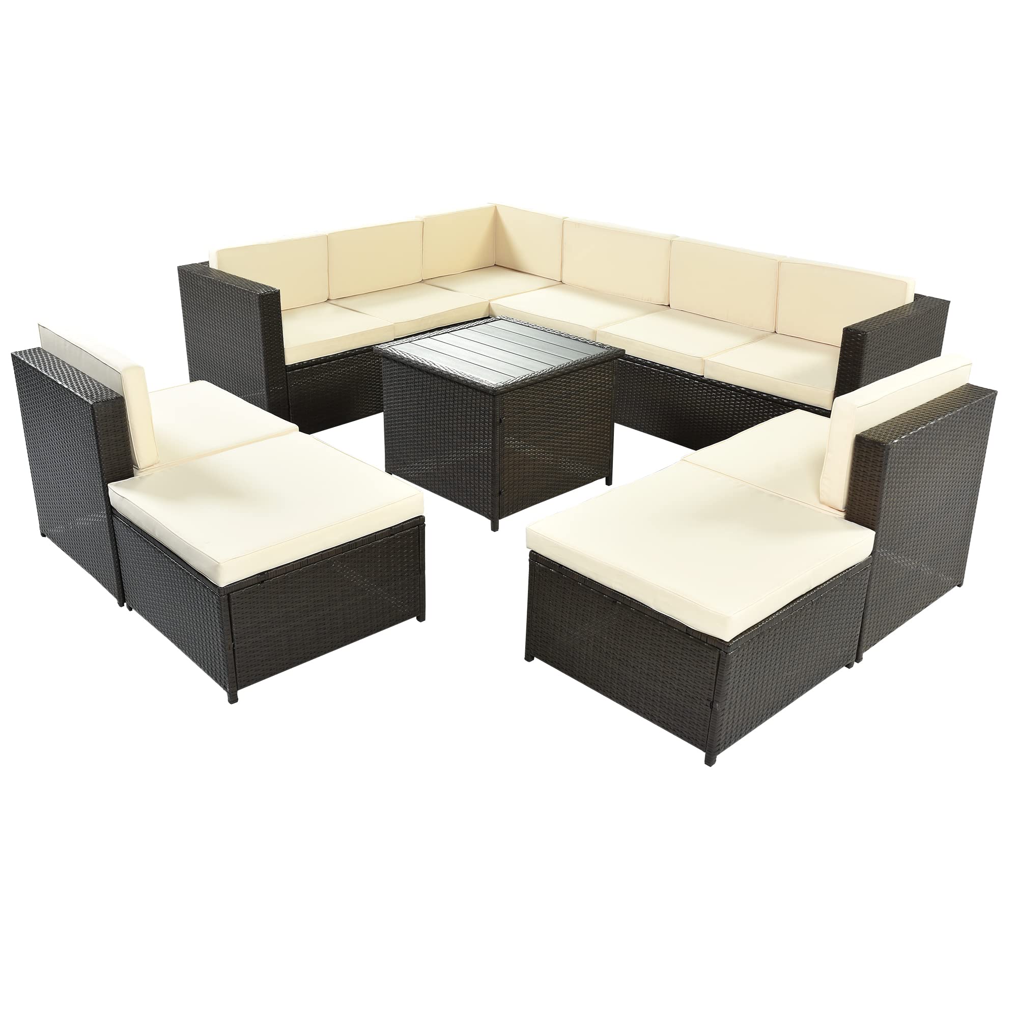 Merax 9-Piece Outdoor Patio Furniture Set - PE Wicker Rattan Sectional Sofa with Coffee Table & Ottoman - Perfect for Garden, Backyard, Poolside & Outdoor Entertaining