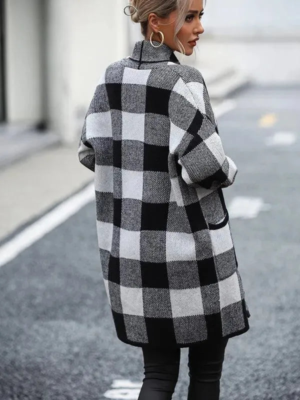 Stylish Loose Plaid Color Block Knit Cardigan Sweater for Women - Cozy Fall & Winter Fashion - Perfect for Office, Dating and Casual Outings