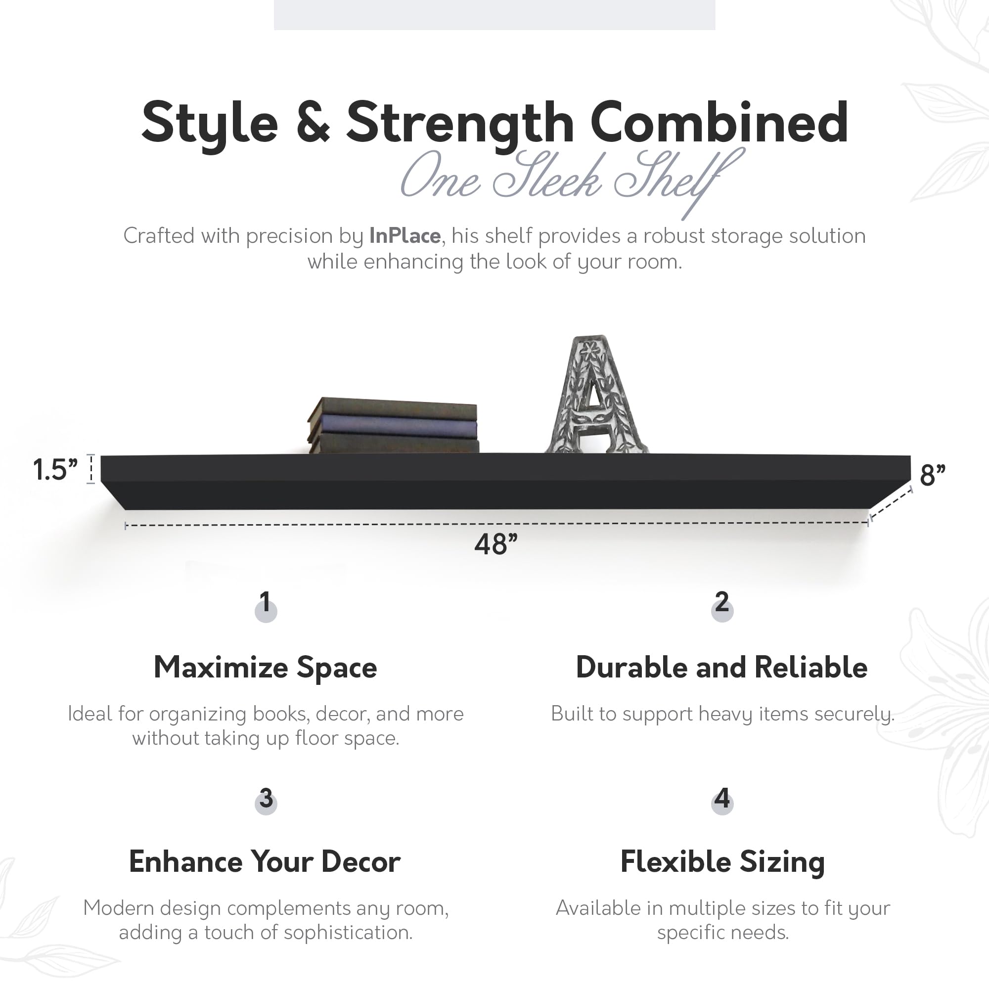 InPlace Wall Mounted Floating Shelf with Hidden Brackets - Easy to Install Durable MDF Wall Shelf for Living Room, Office & Bedroom - 8