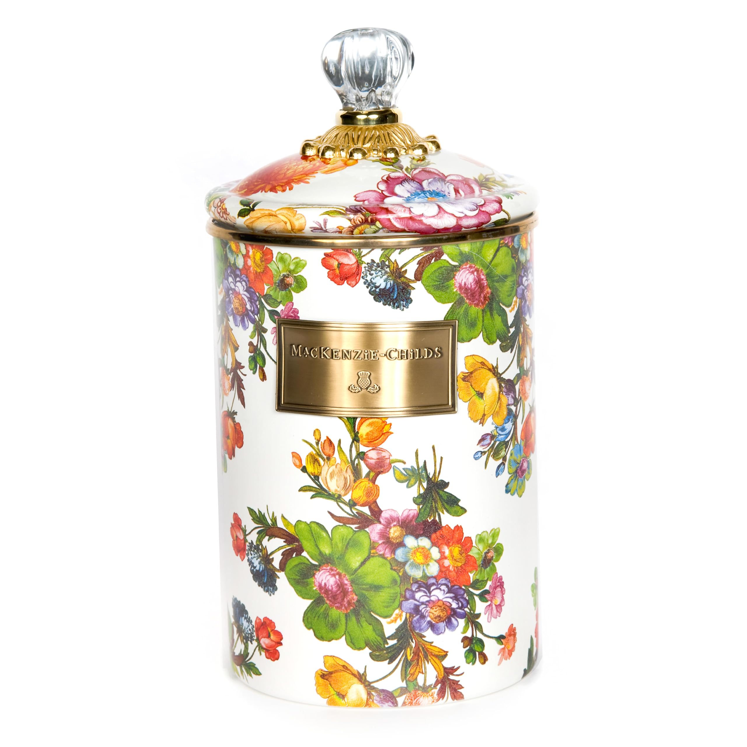 MACKENZIE-CHILDS Large Enamel Canister - 1.89L Kitchen Storage Container for Flour, Sugar & Dry Goods | Airtight White Flower Market Design | Perfect for Pantry Organization & Farmhouse Style Kitchens