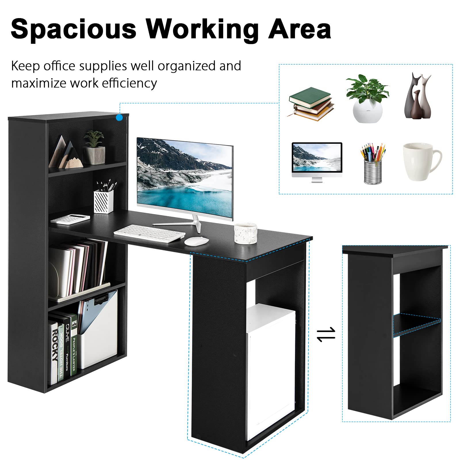 Tangkula Black Modern Computer Desk with Bookshelf - Compact Writing Study Desk with Storage Shelves & CPU Stand - Space-Saving Home Office Workstation for Small Spaces, Gaming & Remote Work