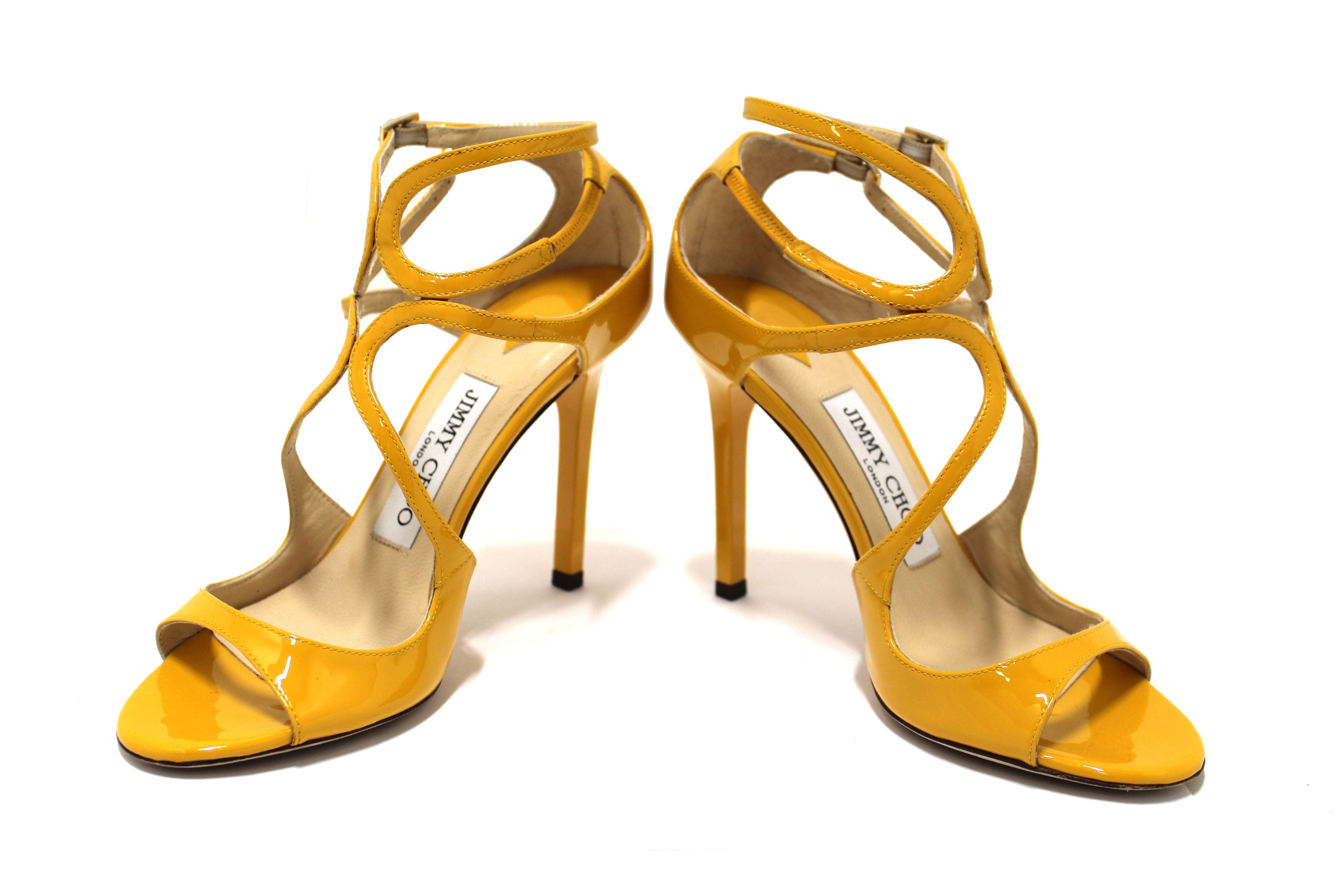 Authentic Jimmy Choo Yellow Patent Leather Strap Heel Sandals Size 35.5 - Women's Luxury High Heels for Weddings, Parties & Special Occasions