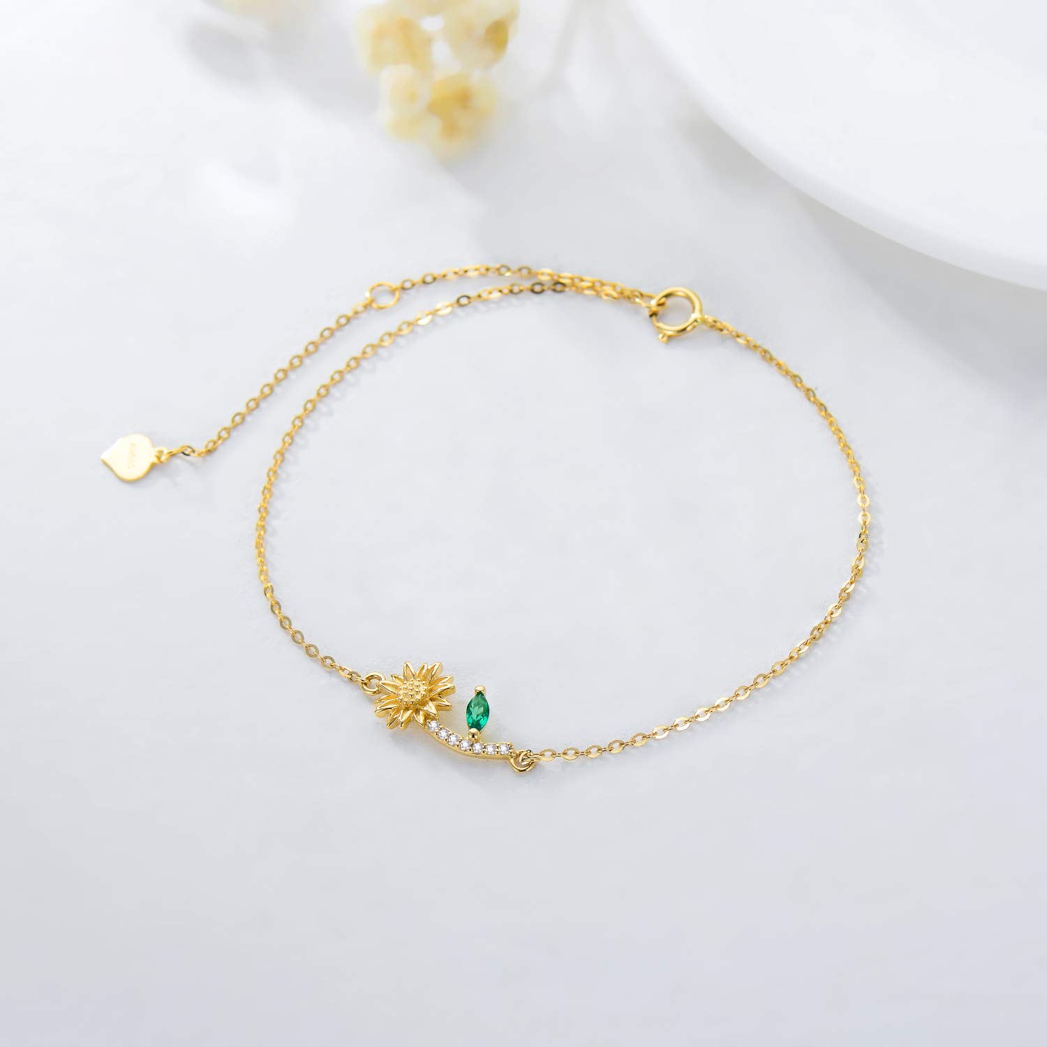 14k Solid Gold Sunflower & Heart Charm Bracelet for Women - Dainty Adjustable Bracelet for Girls, Graduation Gifts, Birthday Present, Valentine's Day Jewelry - Perfect for Everyday Wear & Special Occasions
