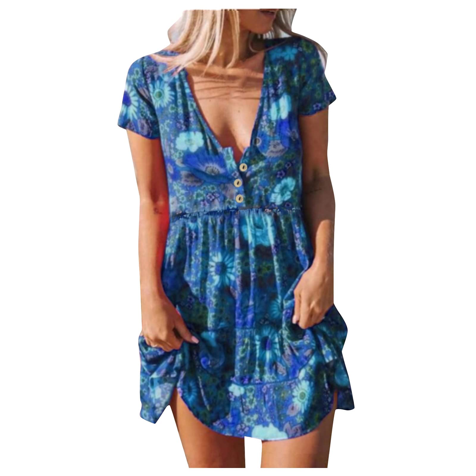 Smooto Women's Casual Sundress - Flowy Beach Party Maxi Dress with Split, Milkmaid Neckline & Jumpsuit Style | Summer Long Dresses in Blue (XL) | Perfect for Vacations, Weddings & Outdoor Events