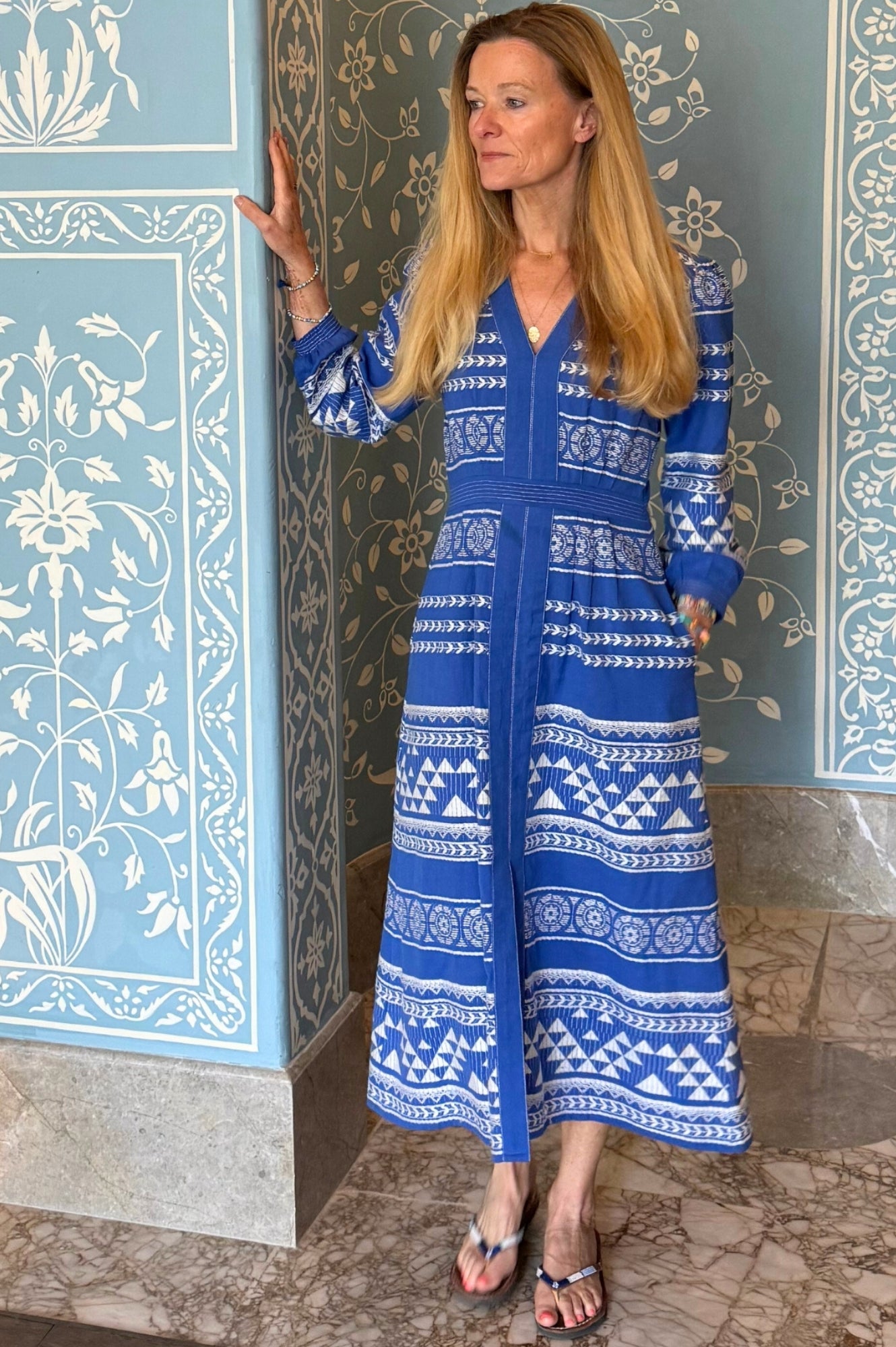 Jamila Jacquard Dress in Cobalt & White - Elegant Floral Print Maxi Dress for Women | Perfect for Weddings, Parties & Summer Outings