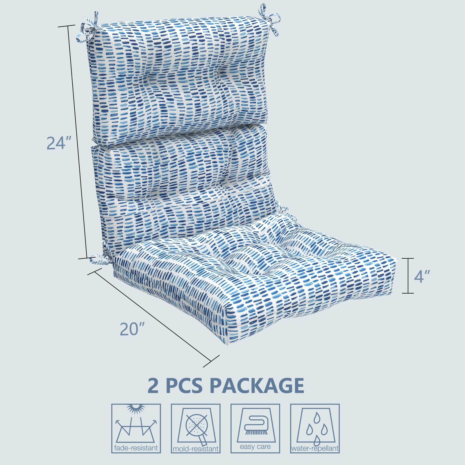 **LVTXIII Outdoor High Back Chair Cushions - Waterproof Adirondack Chair Cushion Set of 2 with Ties, 22” W x 20” D, Pebble Blue - Perfect for Patio, Garden, Deck & Poolside Relaxation**